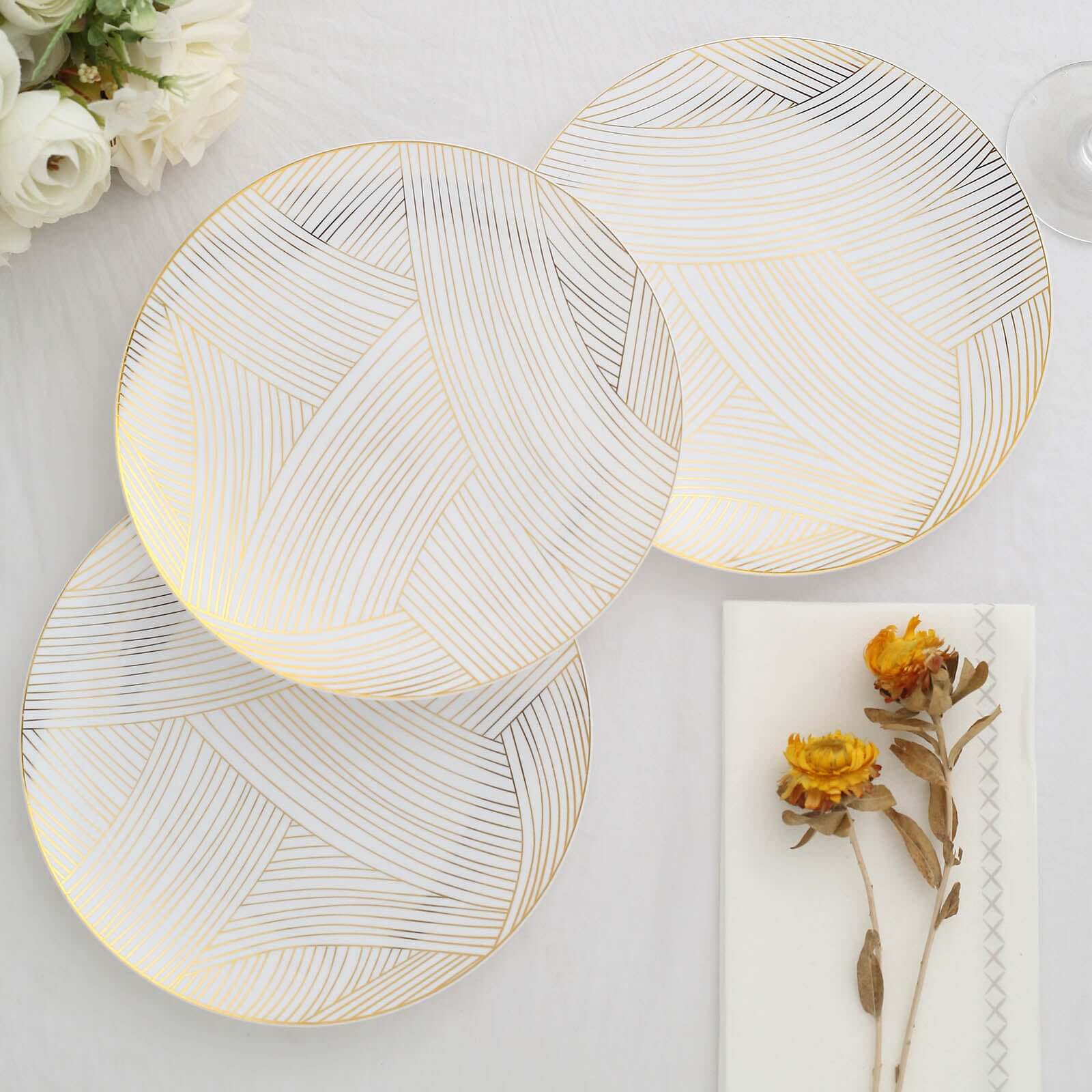 10-Pack Plastic 7 Round Dessert Plates in White with Gold Wave Brush Strokes Pattern - Disposable Appetizer Salad Plates for Modern & Classy Table Decor