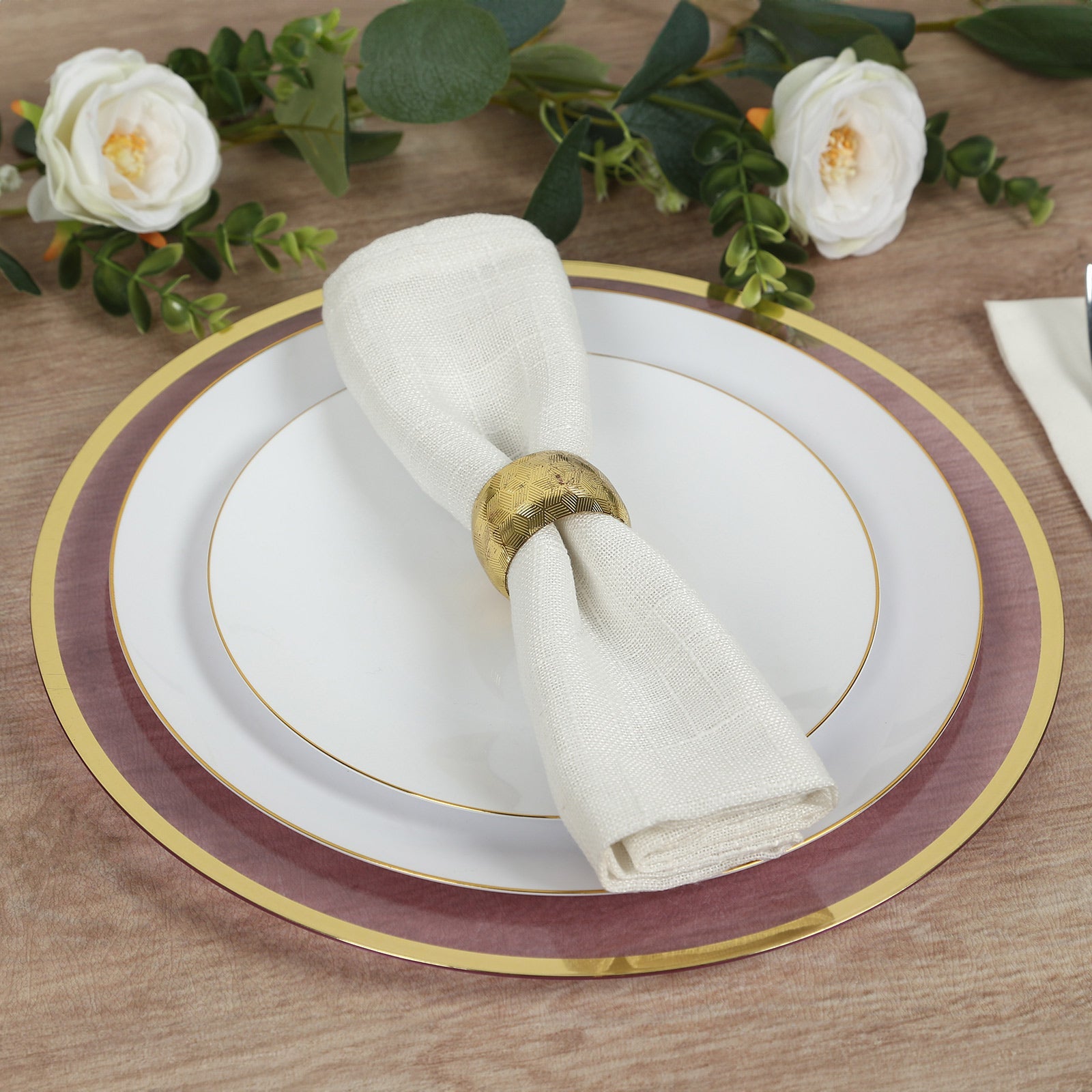 10 Pack Purple Economy Plastic Charger Plates With Gold Rim, 12 Round Transparent Dinner Chargers Event Tabletop Decor