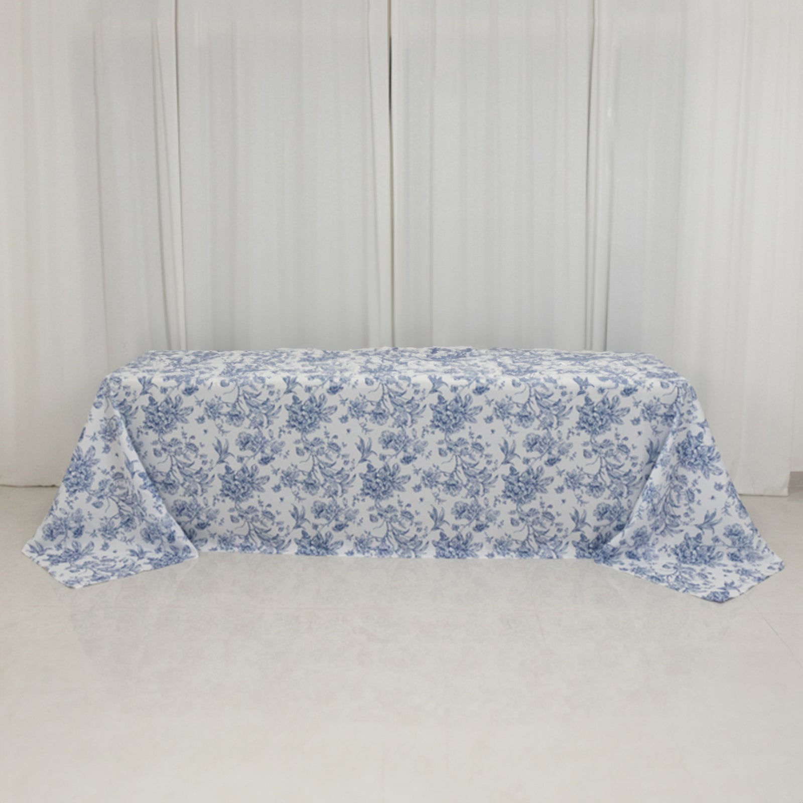 Polyester 90x156 Rectangle Tablecloth White - Seamless Blue French Toile Pattern for Chic Weddings