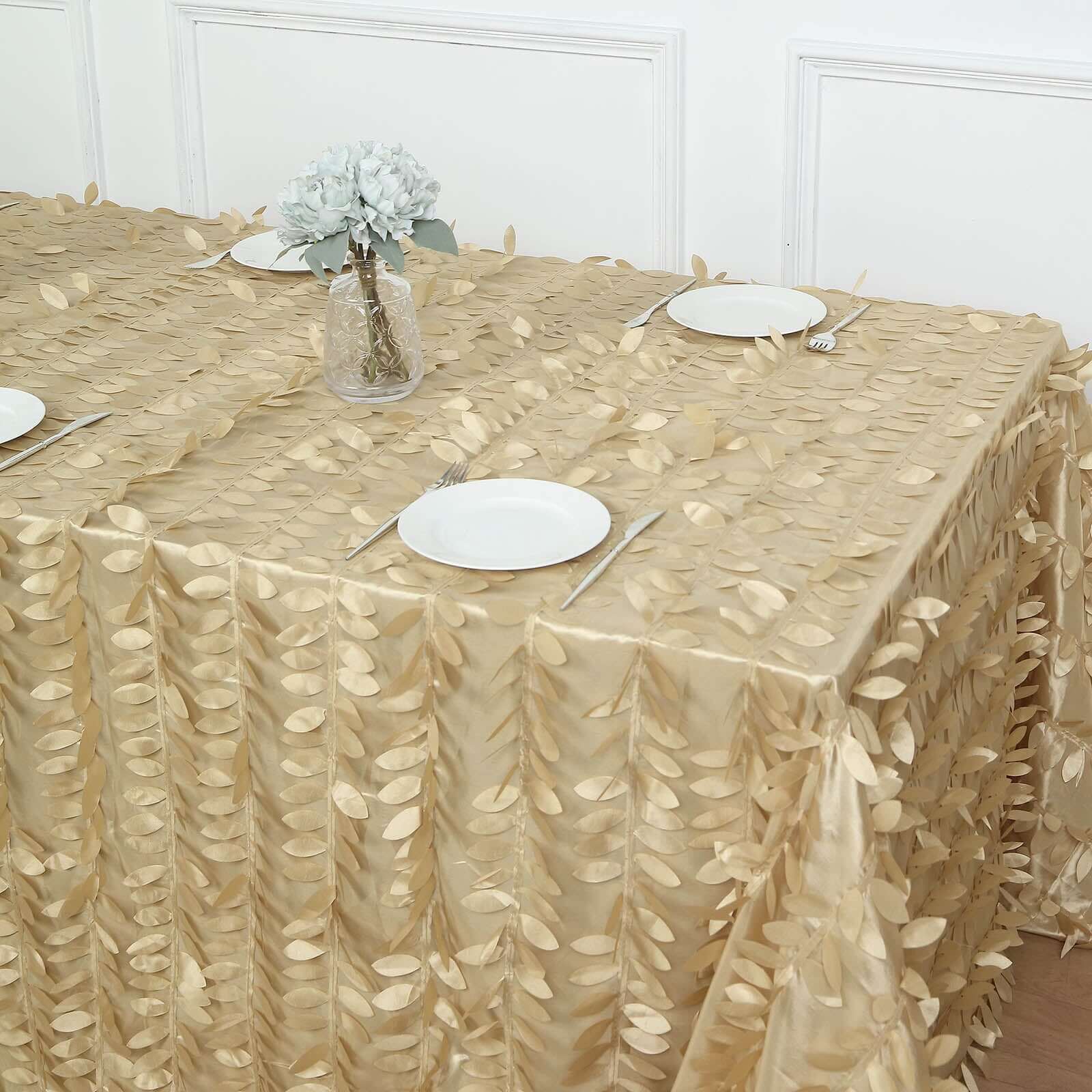 Taffeta 90x156 Rectangle Tablecloth Champagne | 3D Leaf Petal Design Seamless Table Cover