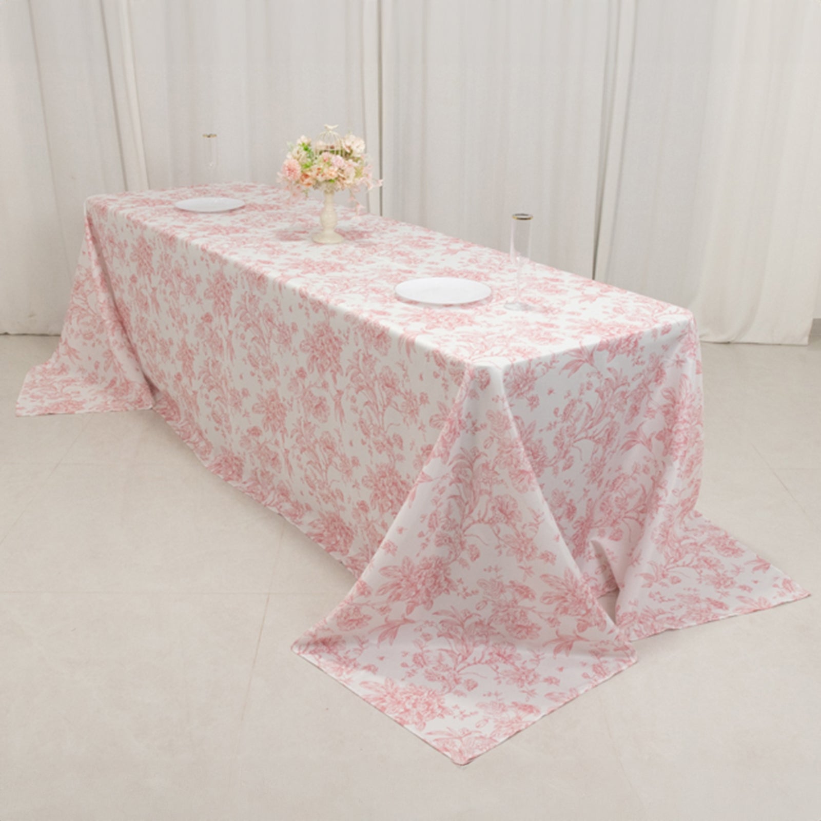 Polyester 90x156 Rectangle Tablecloth White - Seamless Pink French Toile Pattern for Grand Occasions