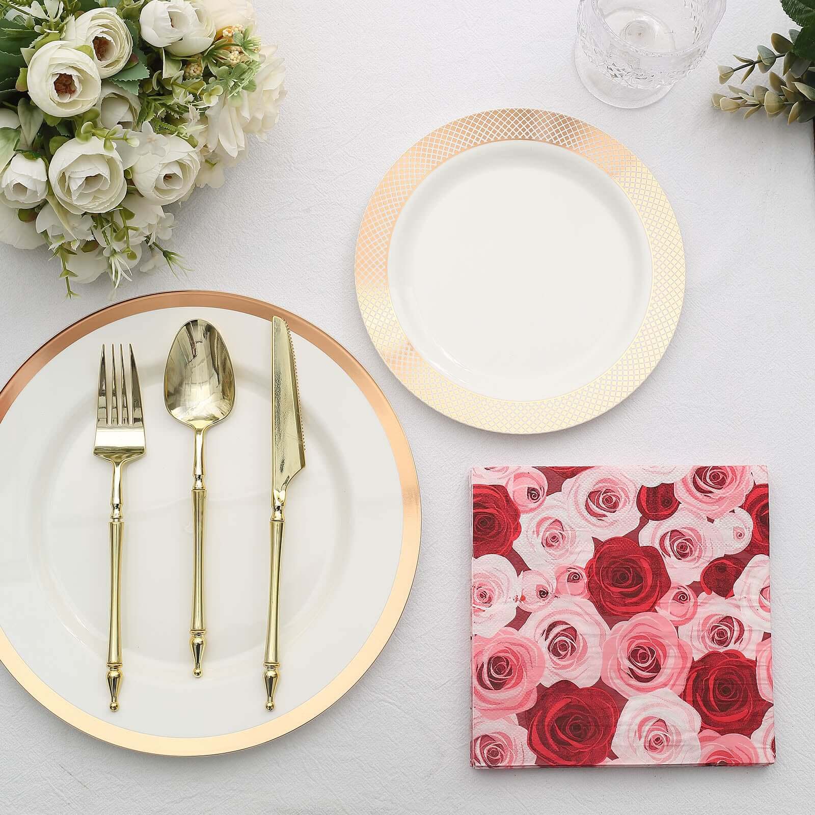 50-Pack Paper Beverage Napkins with Floral Design Red/Pink - 2 Ply Soft 18GSM Rose Garden Wedding Napkins 6.5x6.5