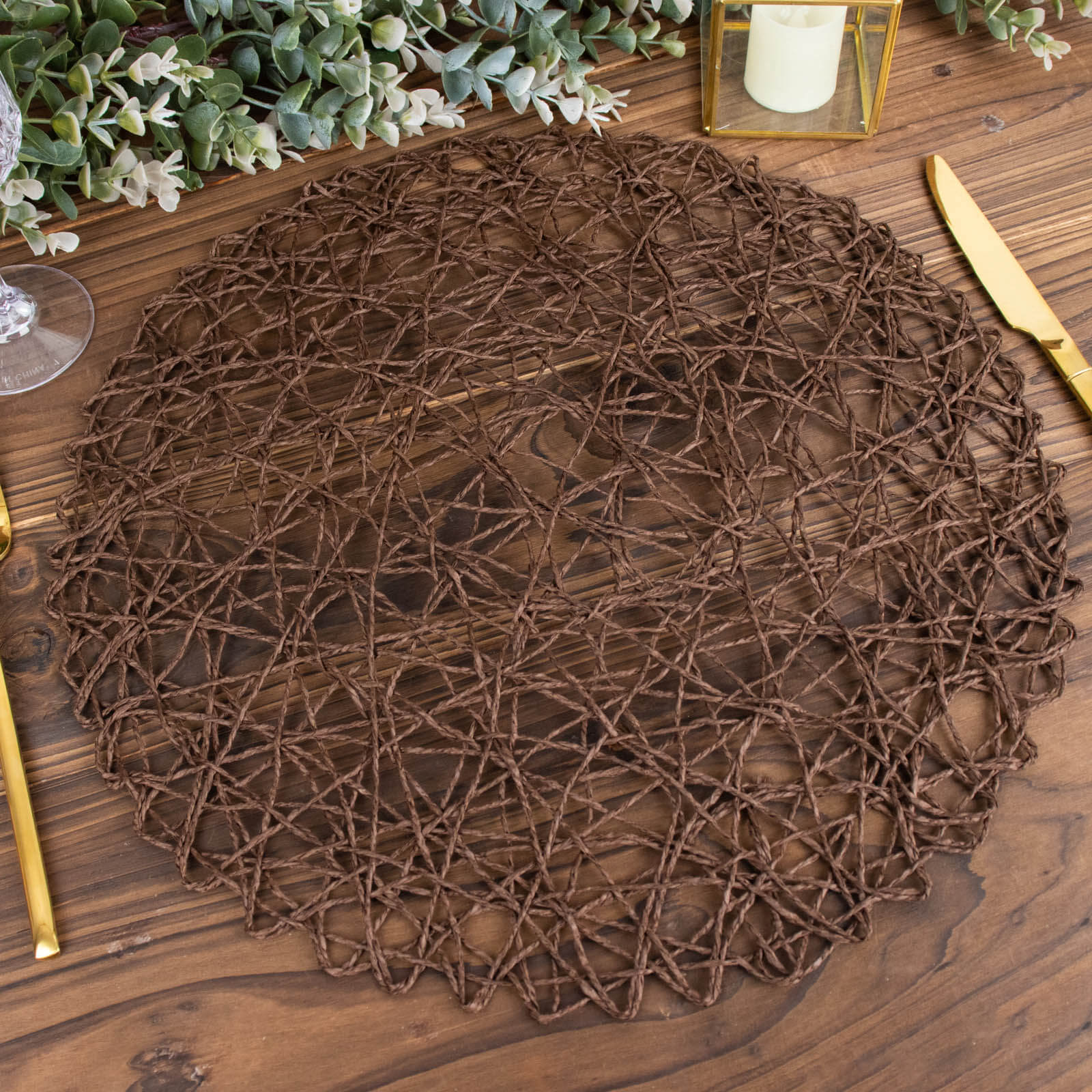 6-Pack Table Placemats Woven Fiber Design Dark Brown Round - Disposable Mats for Dining and Events 15