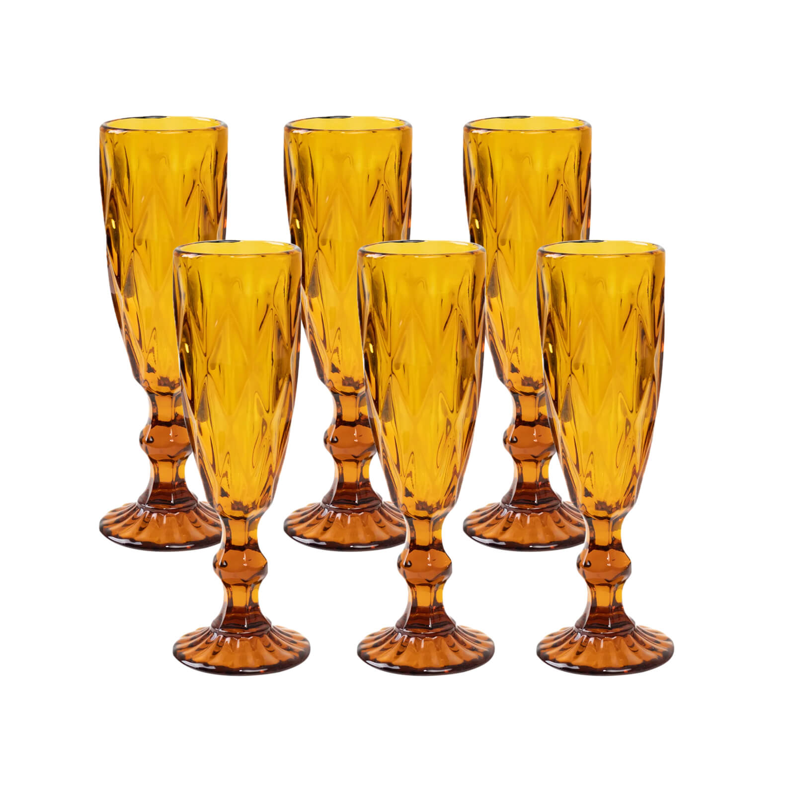 6-Pack Champagne Flute Glasses Transparent Amber Gold Textured Crystal Cut Design - Chic Wine Goblets for Parties & Events 6oz 8