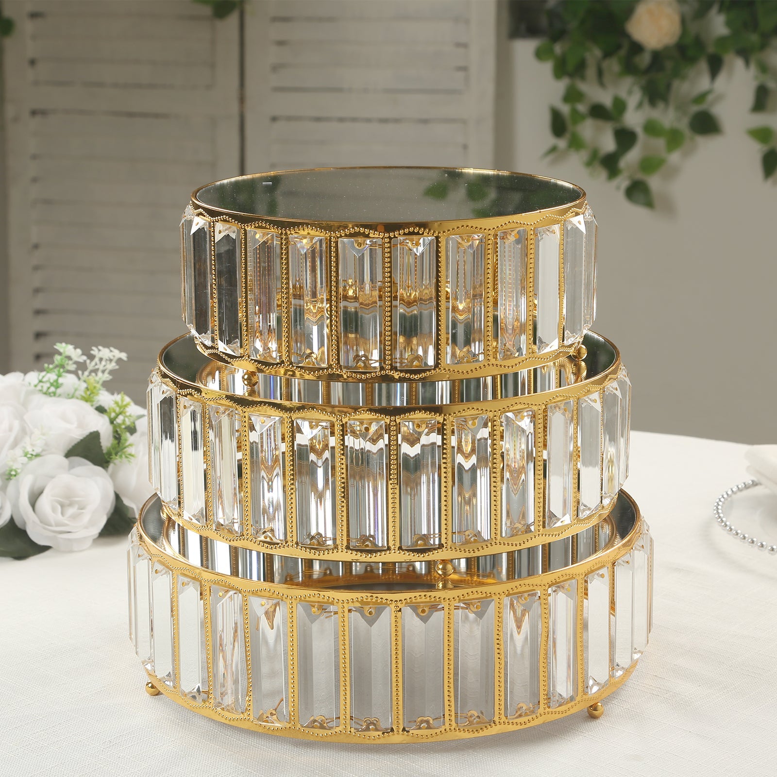 Set of 3 Gold Metal Crystal Pendant Cake Stands with Mirror Top, Stackable Round Dessert Display Trays - 9,11,12