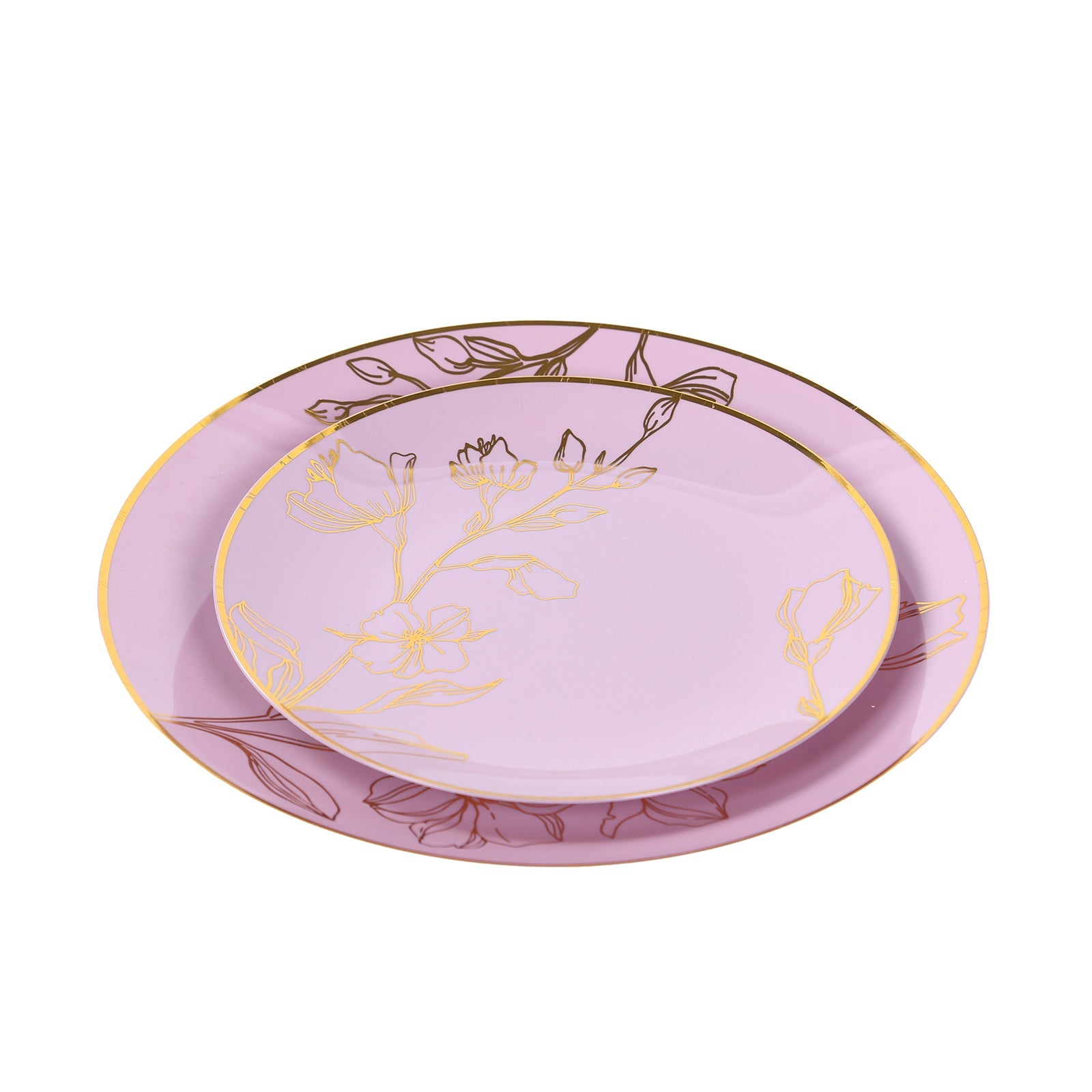 Set of 20 Plastic Round Dinner and Dessert Plates in Lavender Lilac with Metallic Gold Floral Design - Stylish Disposable Dinnerware 8, 10