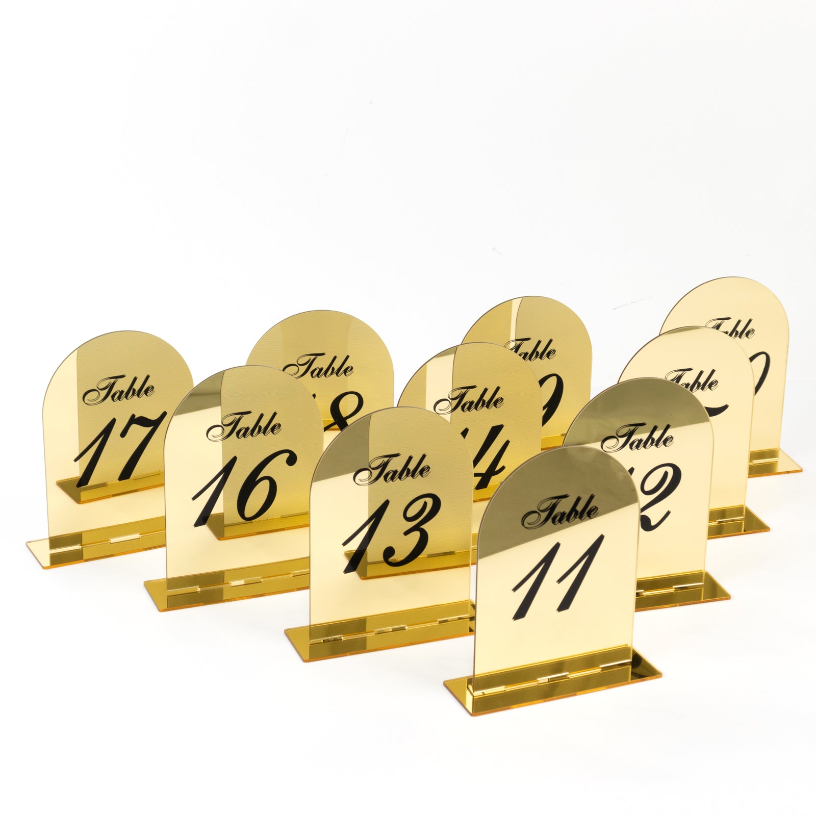 Gold Mirror Arch Acrylic Table Numbers (11-20) - 6x7 Wedding Reception Signs with Black Print & Stands