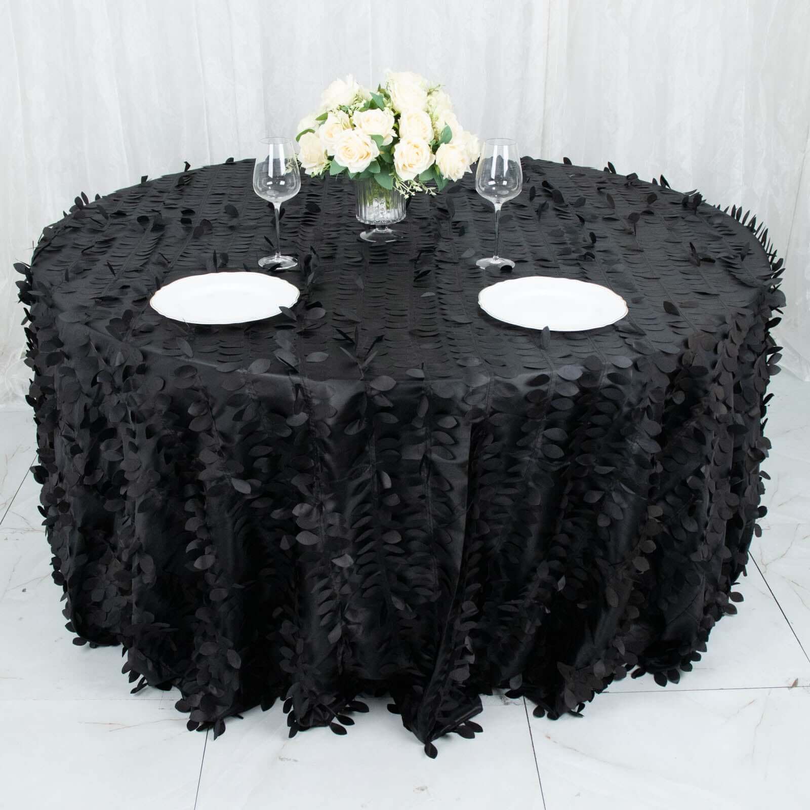 Taffeta 132 Round Tablecloth Black 3D | 3D Leaf Petal Design Seamless Table Cover