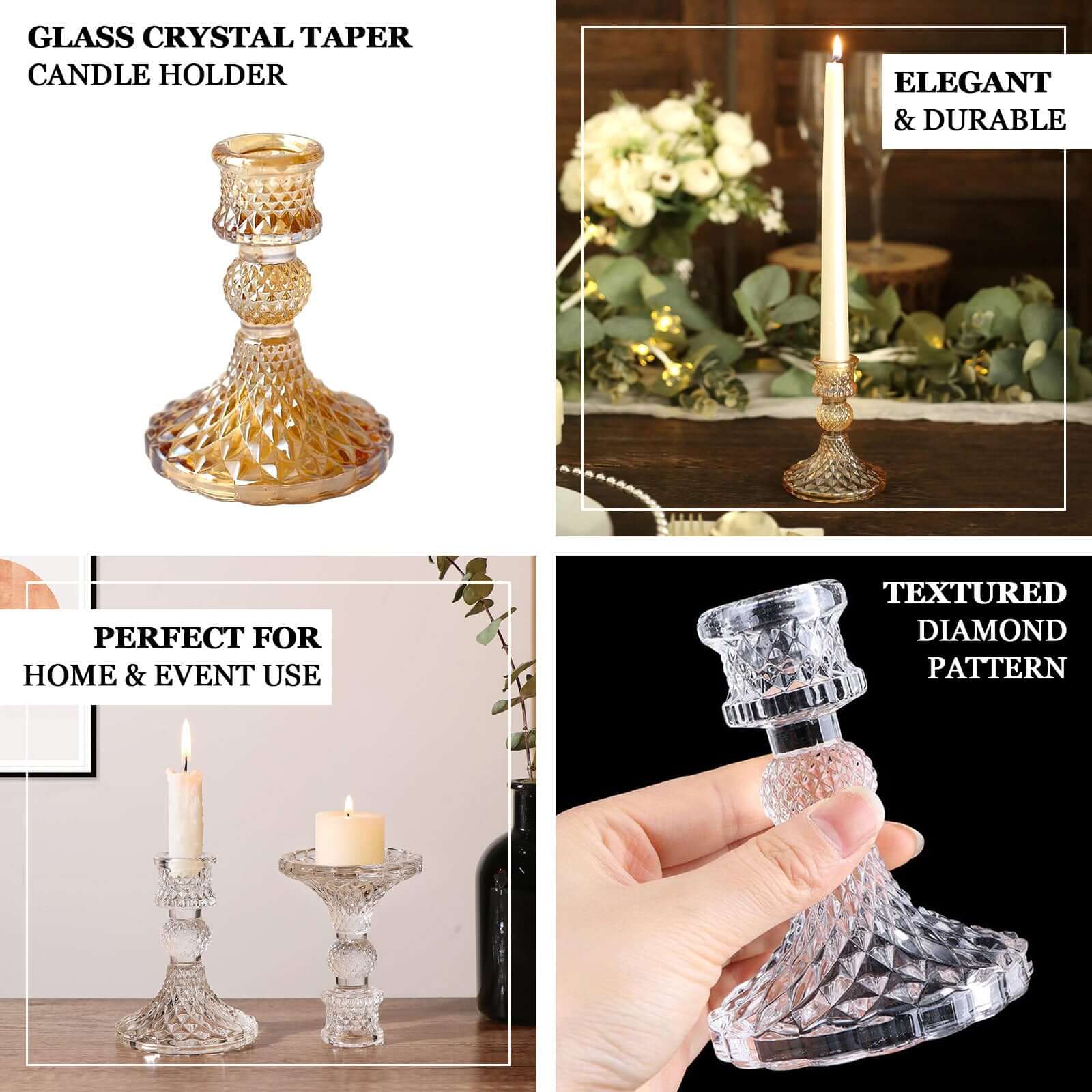 6-Pack Glass Taper Candlestick Holders Diamond Pattern Design Amber Gold - Reversible Crystal Pillar Votive Stands 4