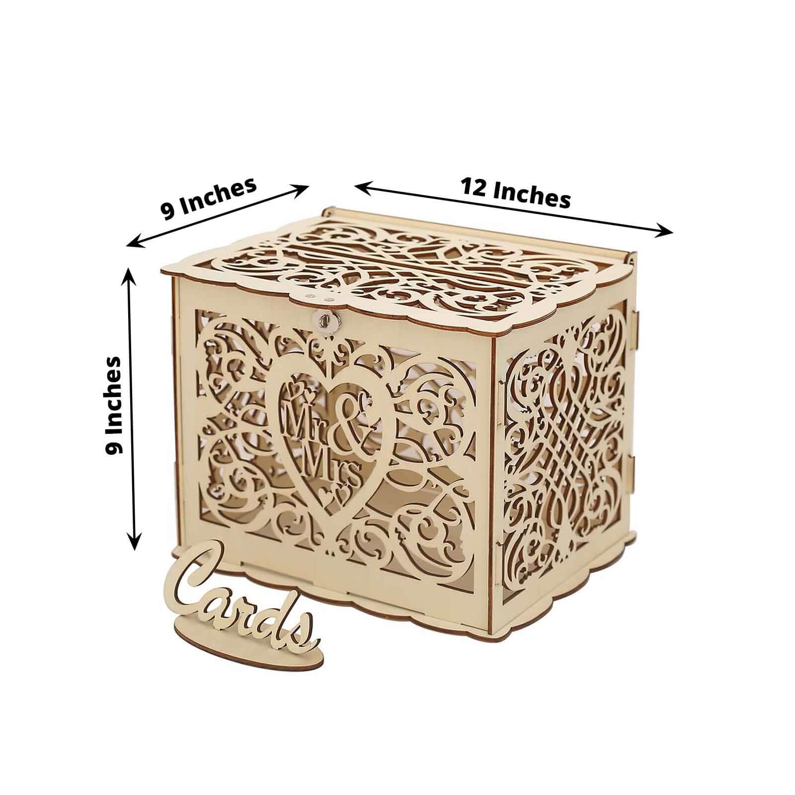 Natural Wooden Laser Cut Mr. & Mrs. Wedding Card Box With Label, Rustic DIY Hollow Money Box And Stand - 12x9