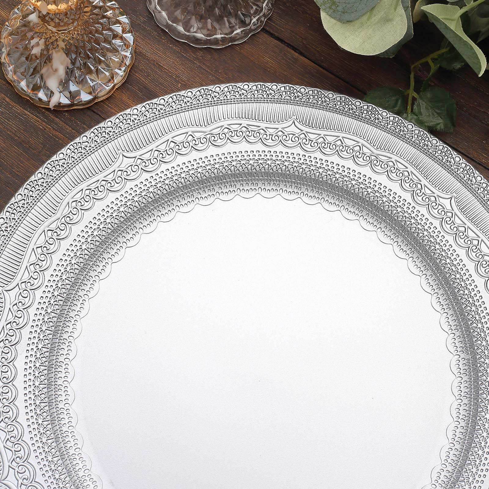 6-Pack Acrylic Round Charger Plates 13 in Silver with Lace Embossed Rim, Rustic Plastic Decorative Charger Tableware