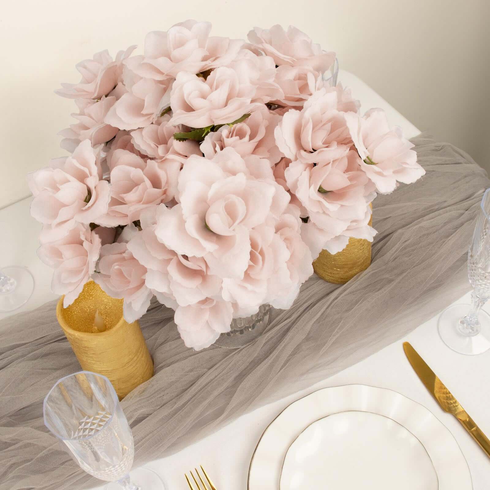 12 Bushes Blush Artificial Premium Silk Blossomed Rose Flowers 84 Roses