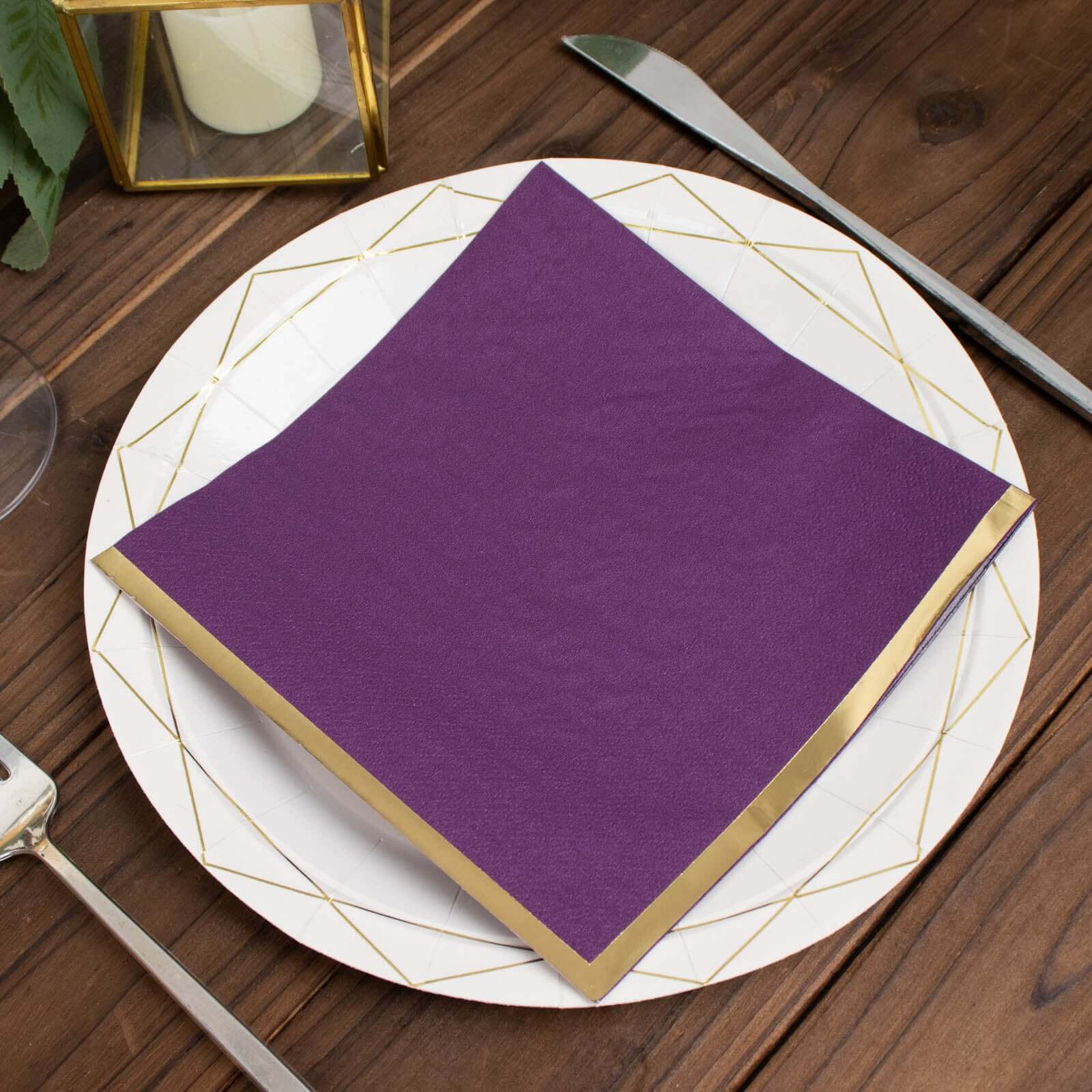 50-Pack Paper Beverage Napkins with Gold Foil Edge Purple - Disposable 2 Ply Cocktail Napkins for Events 6.5x6.5