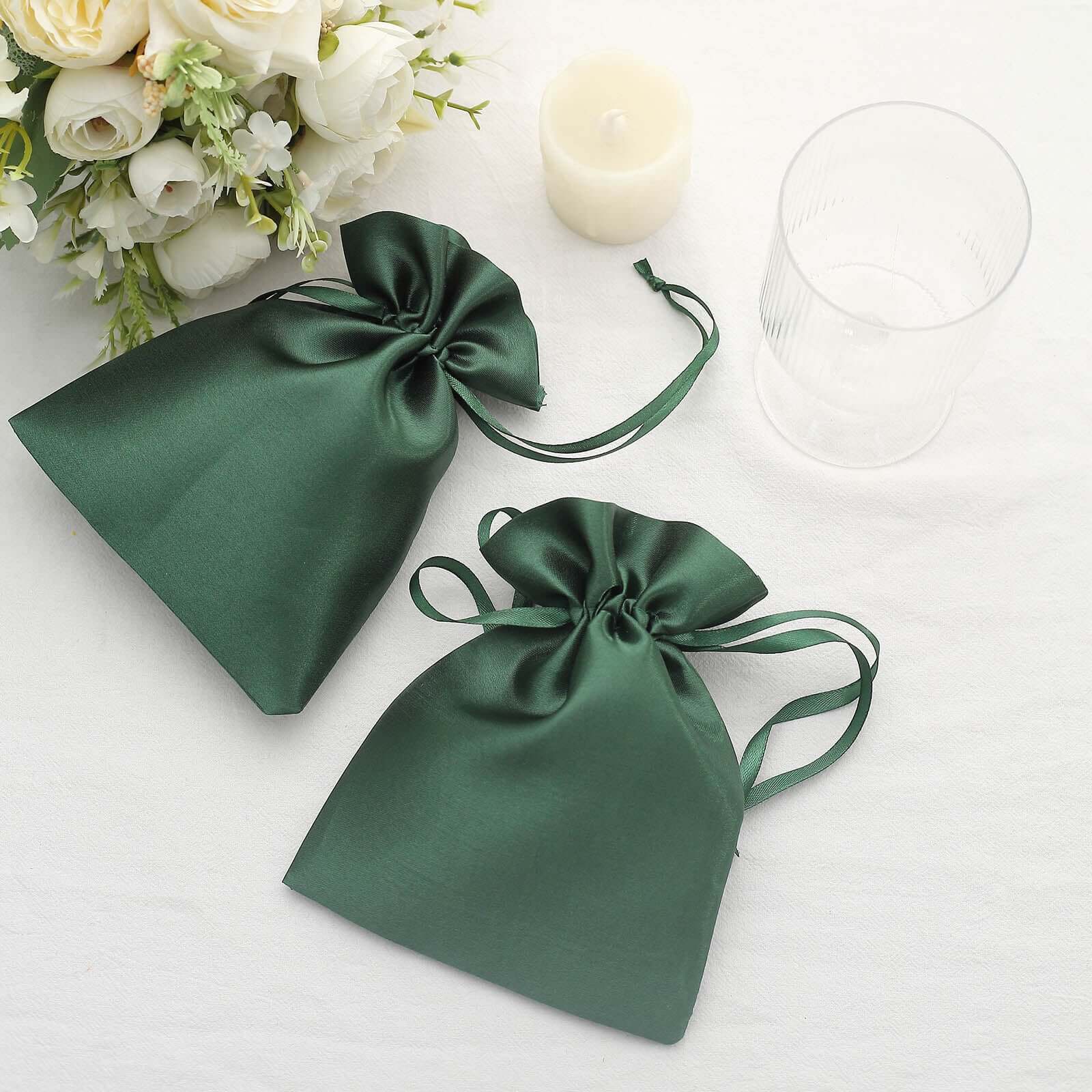 12 Pack 5x7 Hunter Emerald Green Satin Wedding Party Favor Bags, Drawstring Pouch Gift Bags