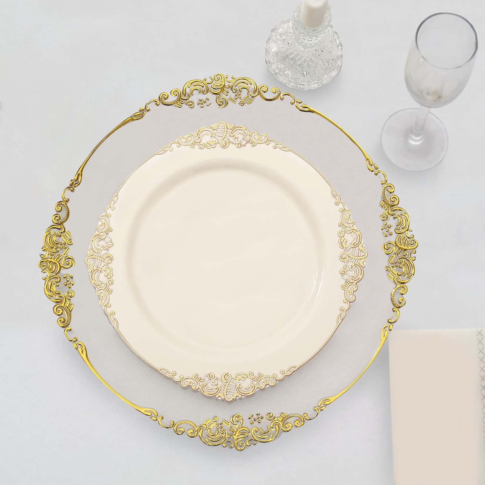 10-Pack Plastic 10 Round Dinner Plates in Ivory with Gold Leaf Embossed Rim - Disposable Vintage Baroque Style Plates