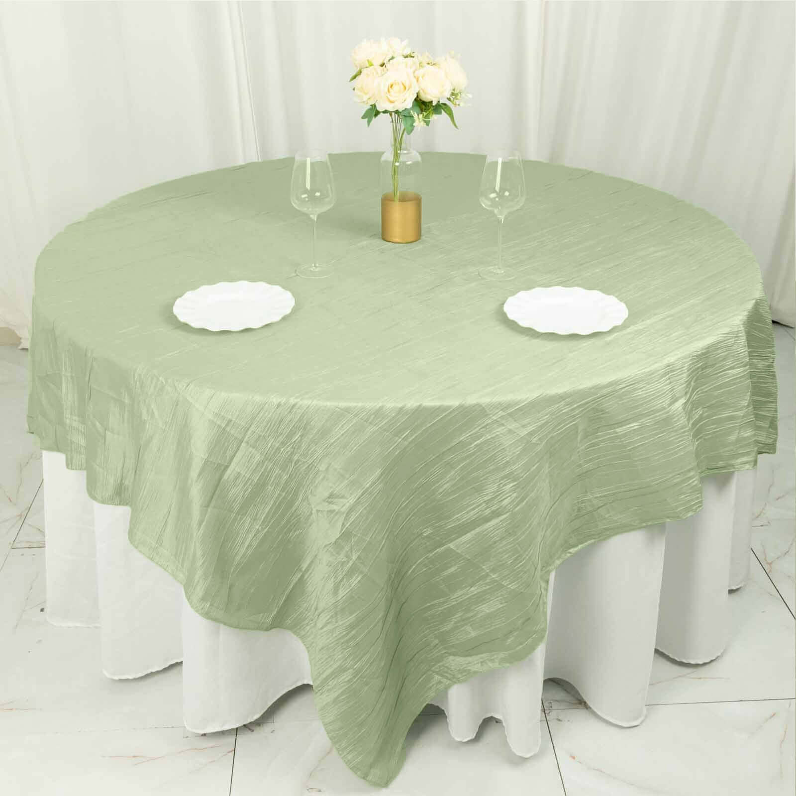 Taffeta 90x90 Table Overlay Square Tablecloth Sage Green - Accordion Crinkle Table Cover