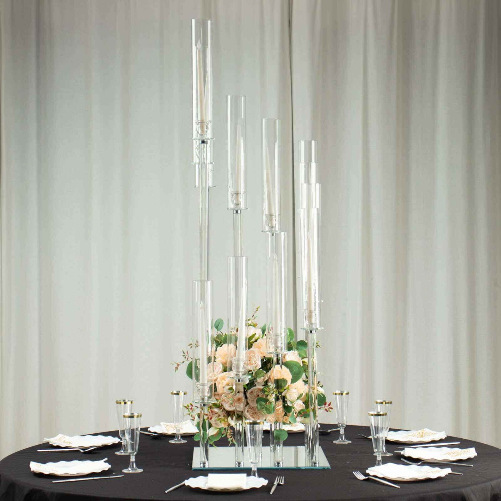 Crystal Glass Cluster Candelabra Pedestal Stand - Square Hurricane Taper Candle Holder Table Centerpiece 4.5ft