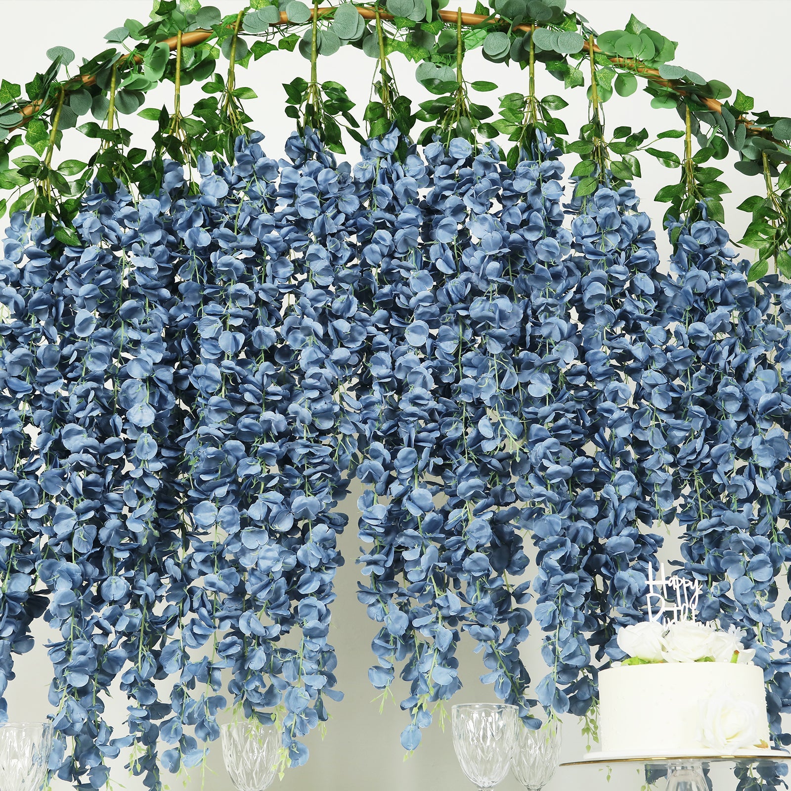 42 Silk Hanging Wisteria Flower Garland Vines in Dusty Blue, Elaborated 5 Full Strands in 1 Bush