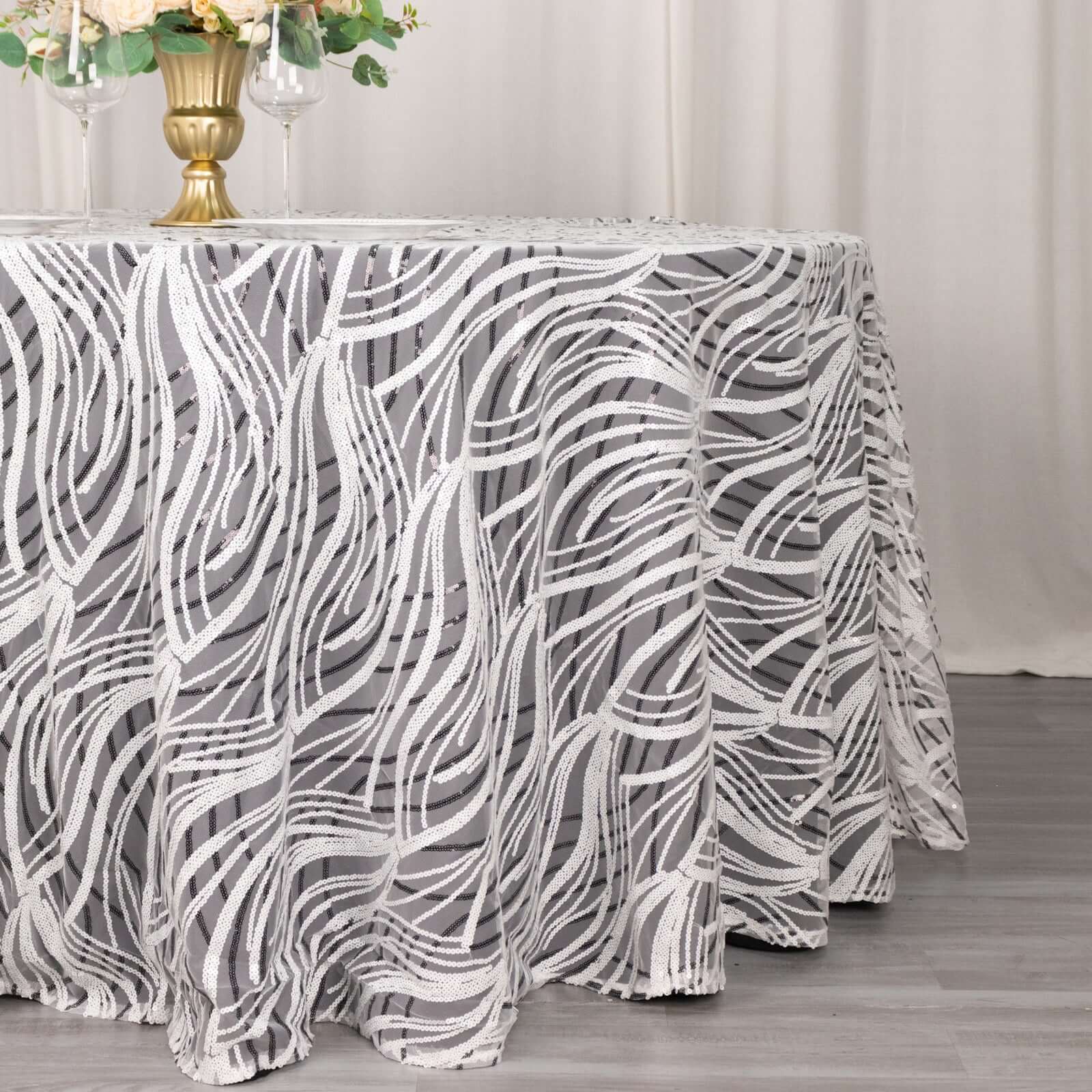 Sequin Mesh 120 Round Tablecloth White Black - Seamless Wave Embroidered Table Cover