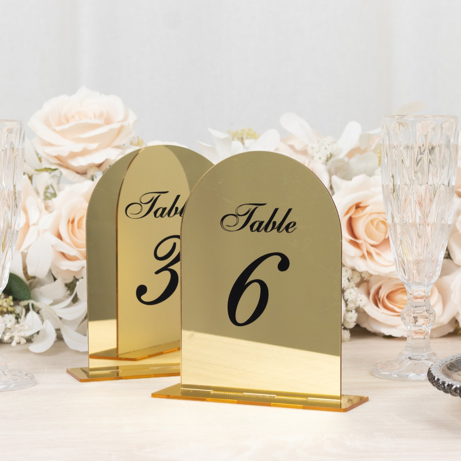 Gold Mirror Arch Acrylic Table Numbers (1-10) - 6x7 Wedding Reception Signs with Black Print & Stands