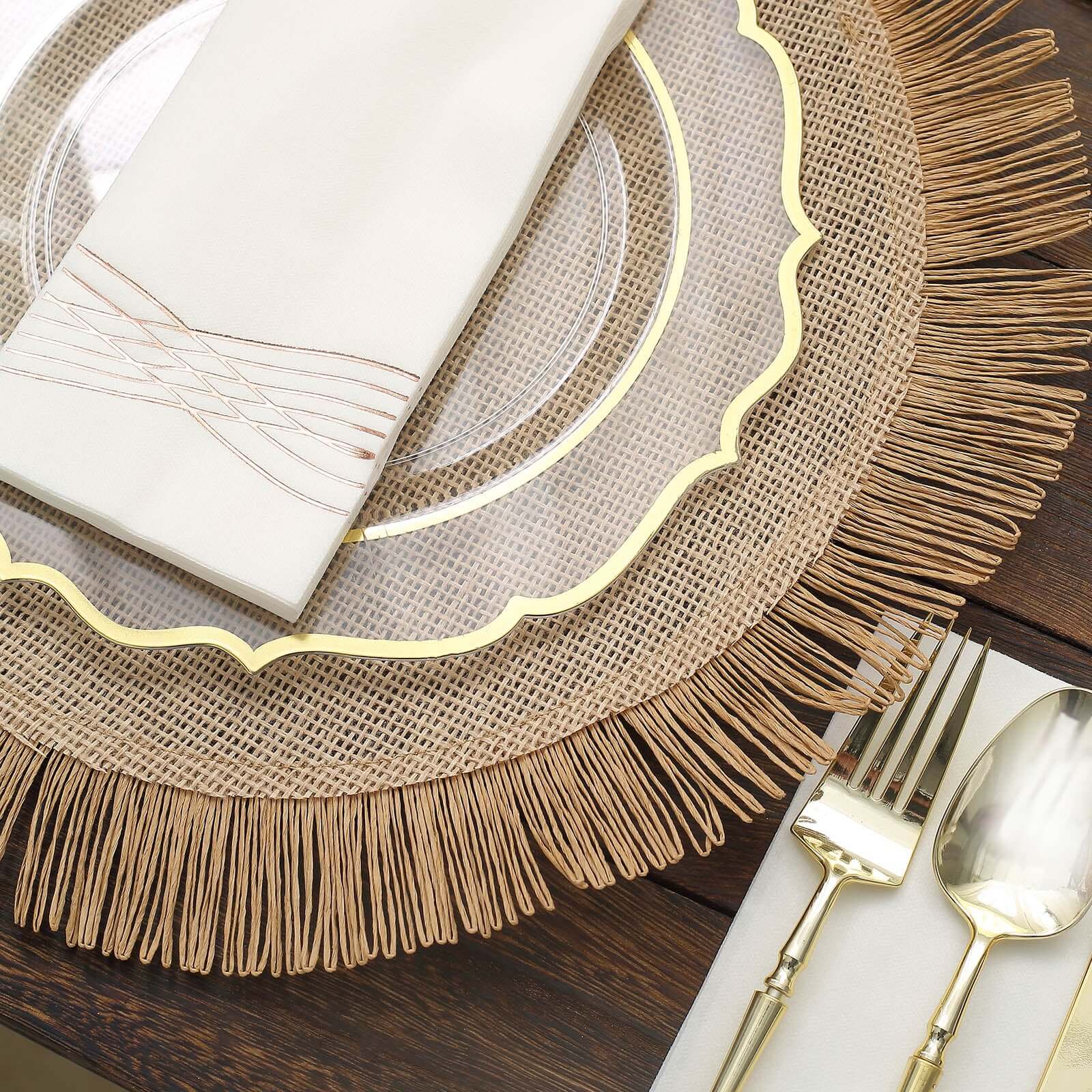 4-Pack Placemats Fringe Edge Design Natural Jute Round - Rustic Boho Chic Burlap Table Decor 16