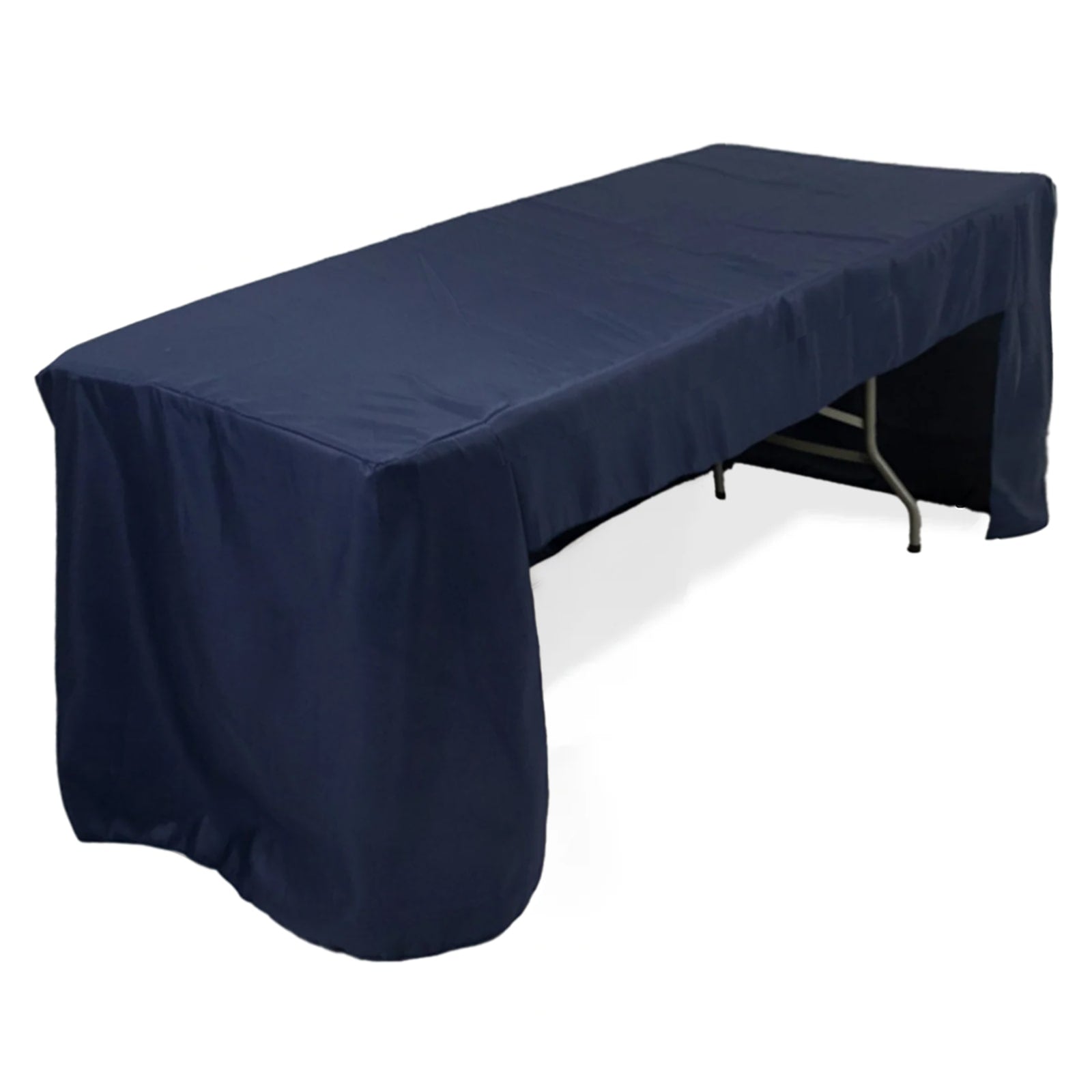 Fitted Polyester 96x30 Rectangle Tablecloth Navy Blue with Open Back Design - Easy to Maintain and Wrinkle-Resistant Table Cover for Trade Shows & Displays