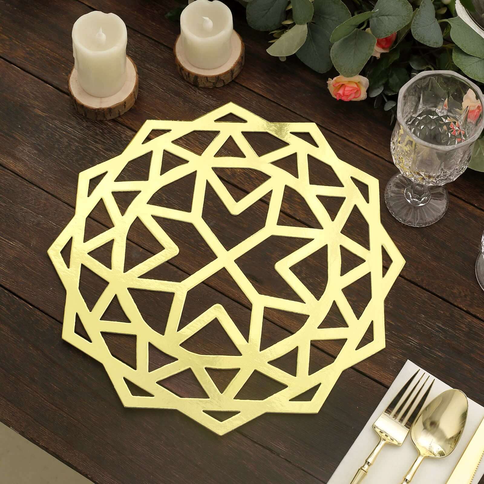 6-Pack Disposable Table Placemats in Metallic Gold Laser Cut Geometric Star Design - 700GSM Cardboard Placemats for Glamorous Table Settings 13