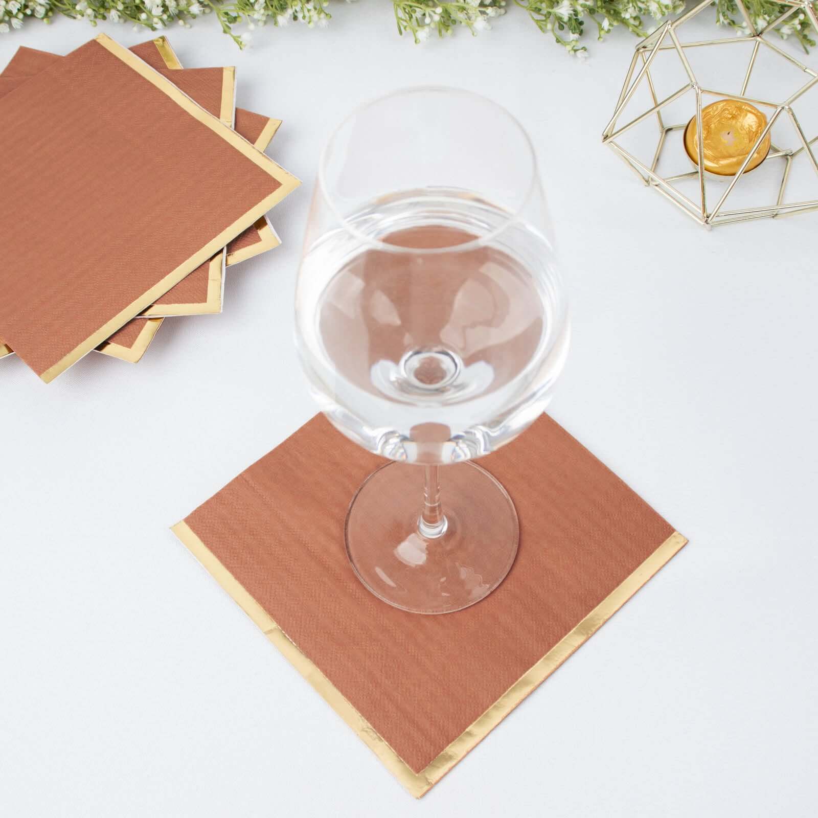 50-Pack Paper Beverage Napkins with Gold Foil Edge Terracotta (Rust) - Disposable 2 Ply Cocktail Napkins for Events 6.5x6.5