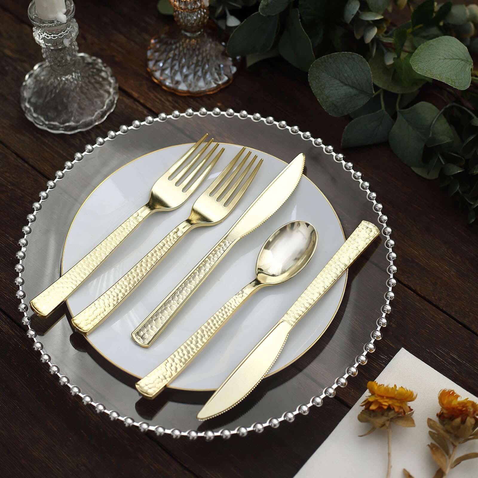 24-Pack Plastic Silverware Set with Hammered Design Gold - Heavy Duty Disposable Utensils 7