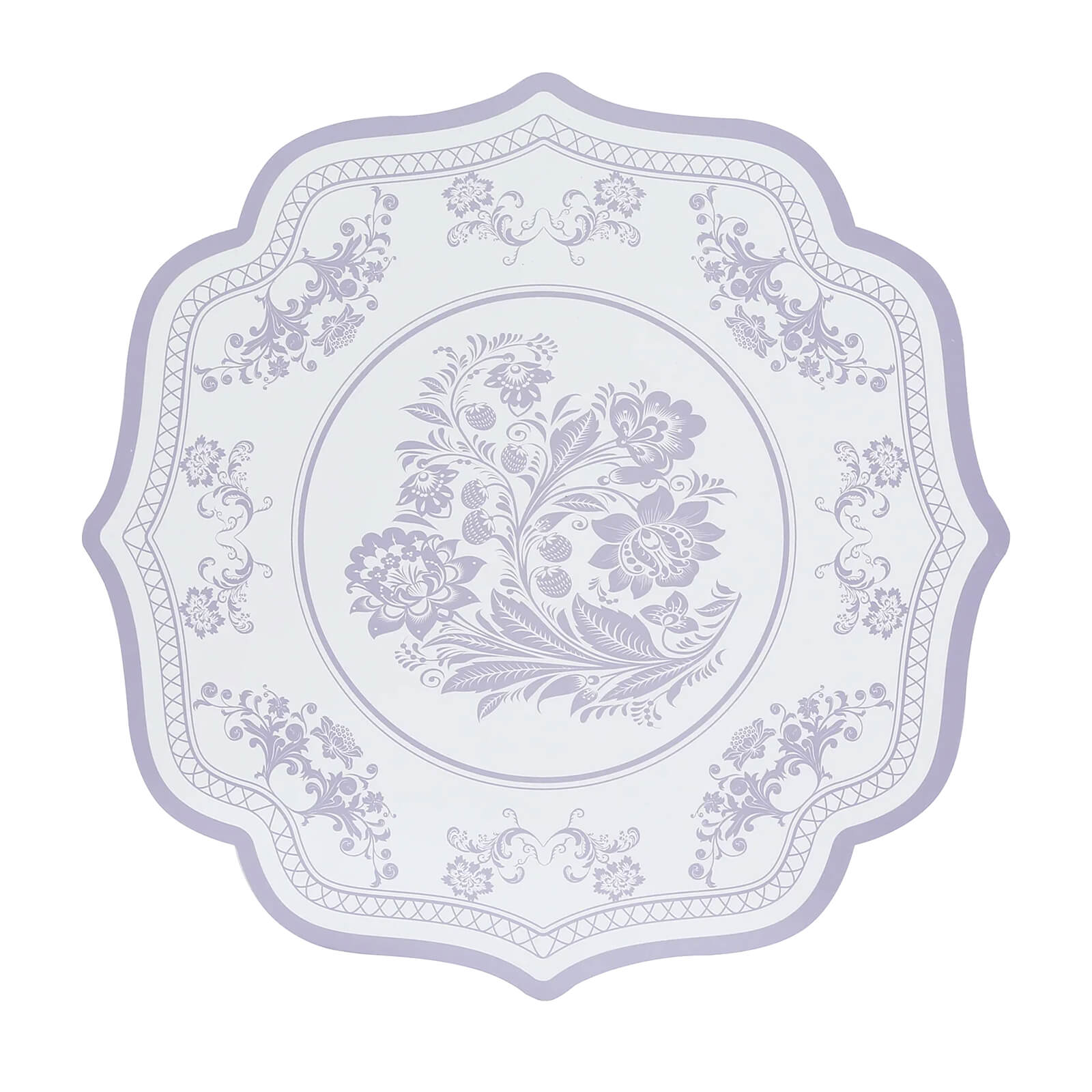 10-Pack Disposable Table Placemats 13 Round Placemats in White with Lavender French Toile Pattern & Scalloped Rim - 400GSM Cardboard Placemats for Stylish Table Setting