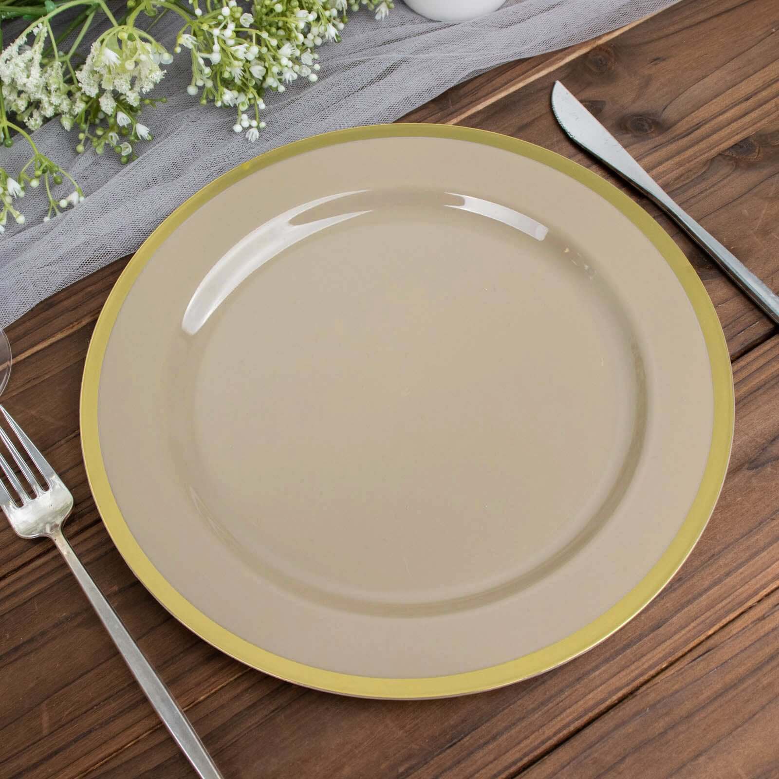 10-Pack Plastic 10 Round Dinner Plates in Taupe with Gold Rim - Disposable Party Plates for Classy Banquets & Special Occasions