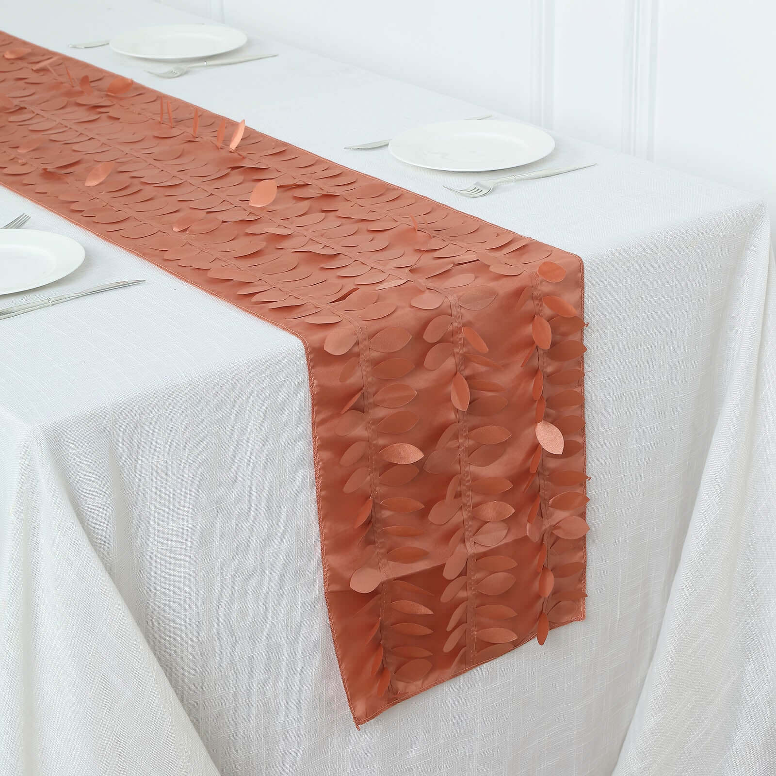 Taffeta Fabric 12x108 Table Runner Terracotta (Rust) - 3D Leaf Petal Design