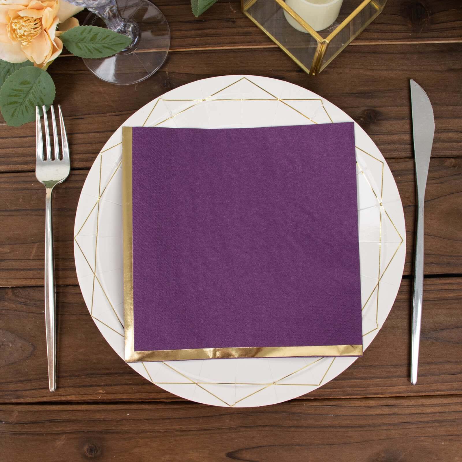 50-Pack Paper Beverage Napkins with Gold Foil Edge Purple - Disposable 2 Ply Cocktail Napkins for Events 6.5x6.5