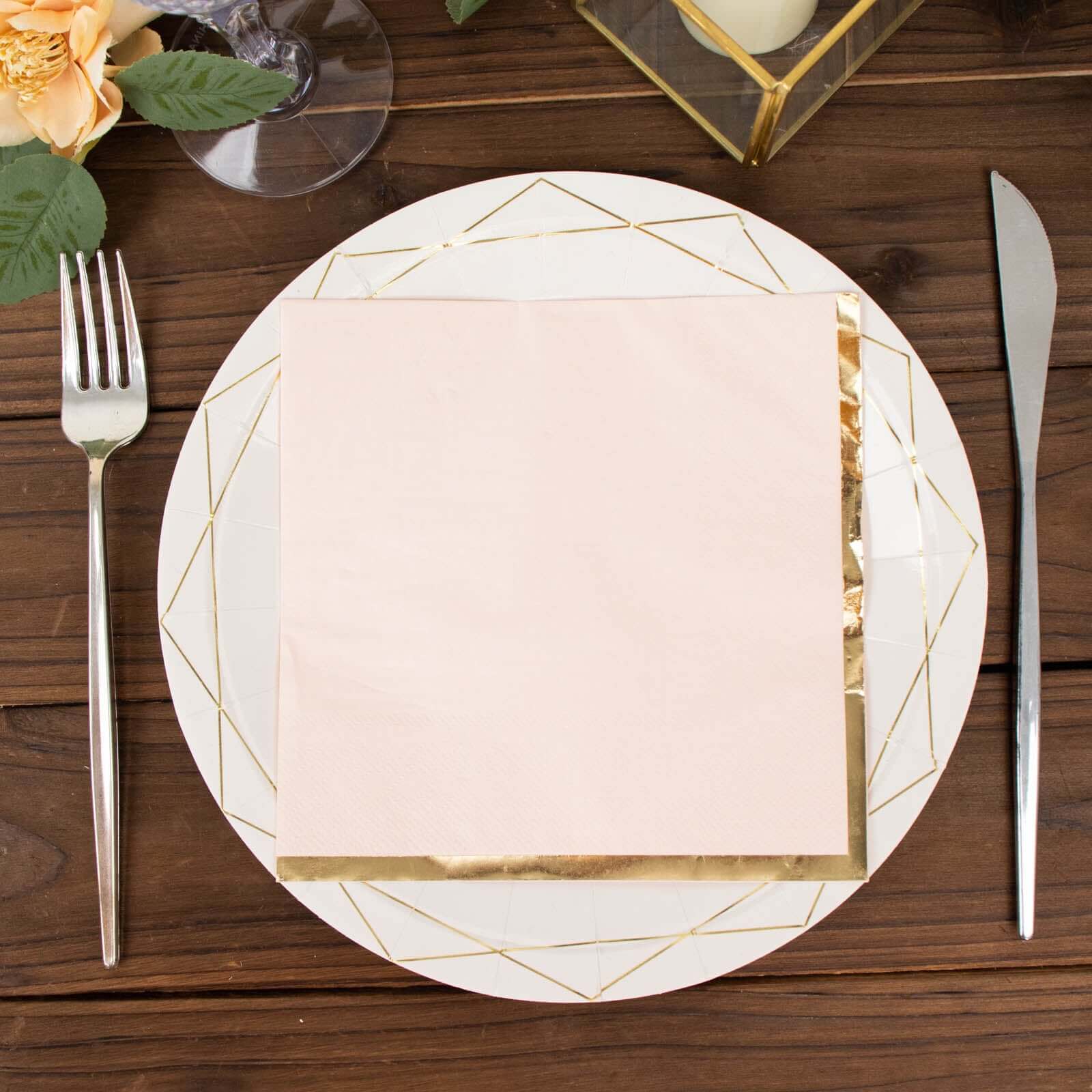 50-Pack Paper Beverage Napkins with Gold Foil Edge Blush - Disposable 2 Ply Cocktail Napkins for Events 6.5x6.5