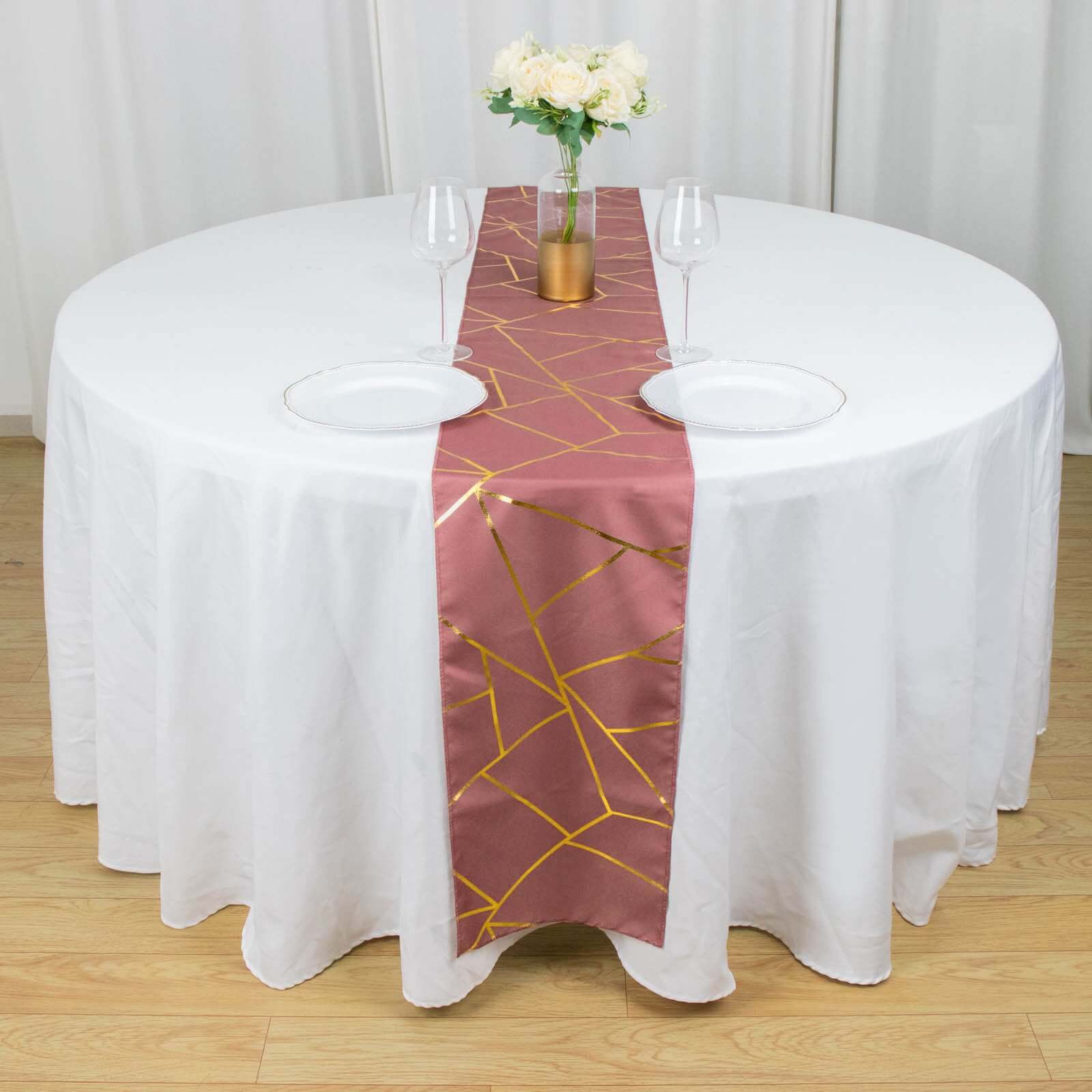 Polyester 9ft Table Runner Cinnamon Rose with Gold Foil Modern Geometric Accent