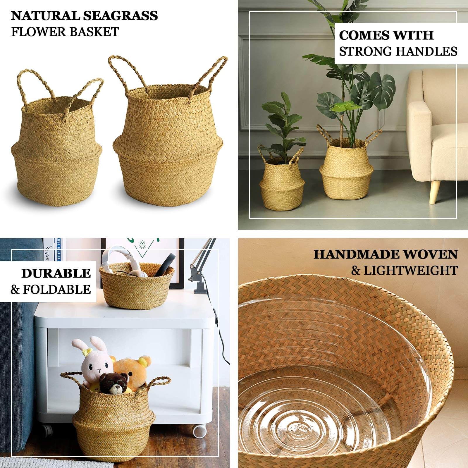 Set of 2 Woven Seagrass Plant Belly Baskets - Natural Handcrafted Braided Storage Wicker Bin Planter with Handles for Living Room Closet & Kitchen Organization