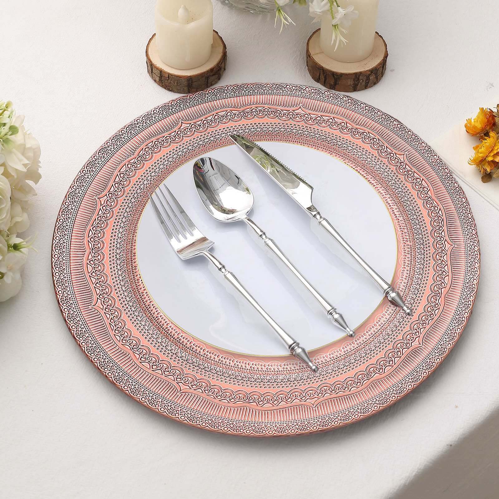 6-Pack Acrylic Round Charger Plates 13 in Rose Gold with Lace Embossed Rim, Rustic Plastic Decorative Charger Tableware