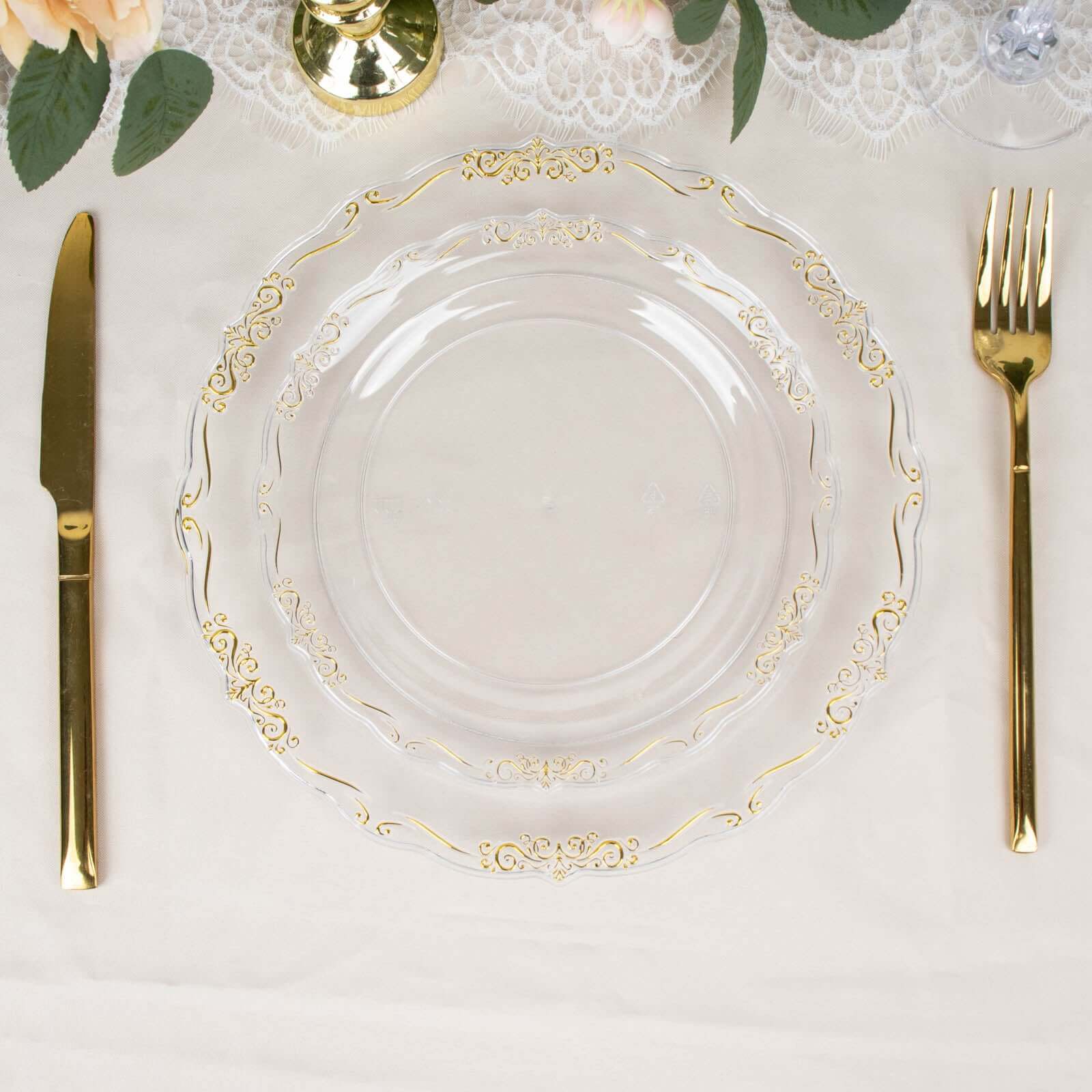 10-Pack Plastic 7 Round Dessert Plates in Clear with Gold Vintage Embossed Rim - Sturdy Disposable Scalloped Edge Salad Plates for Sophisticated Events & Celebrations