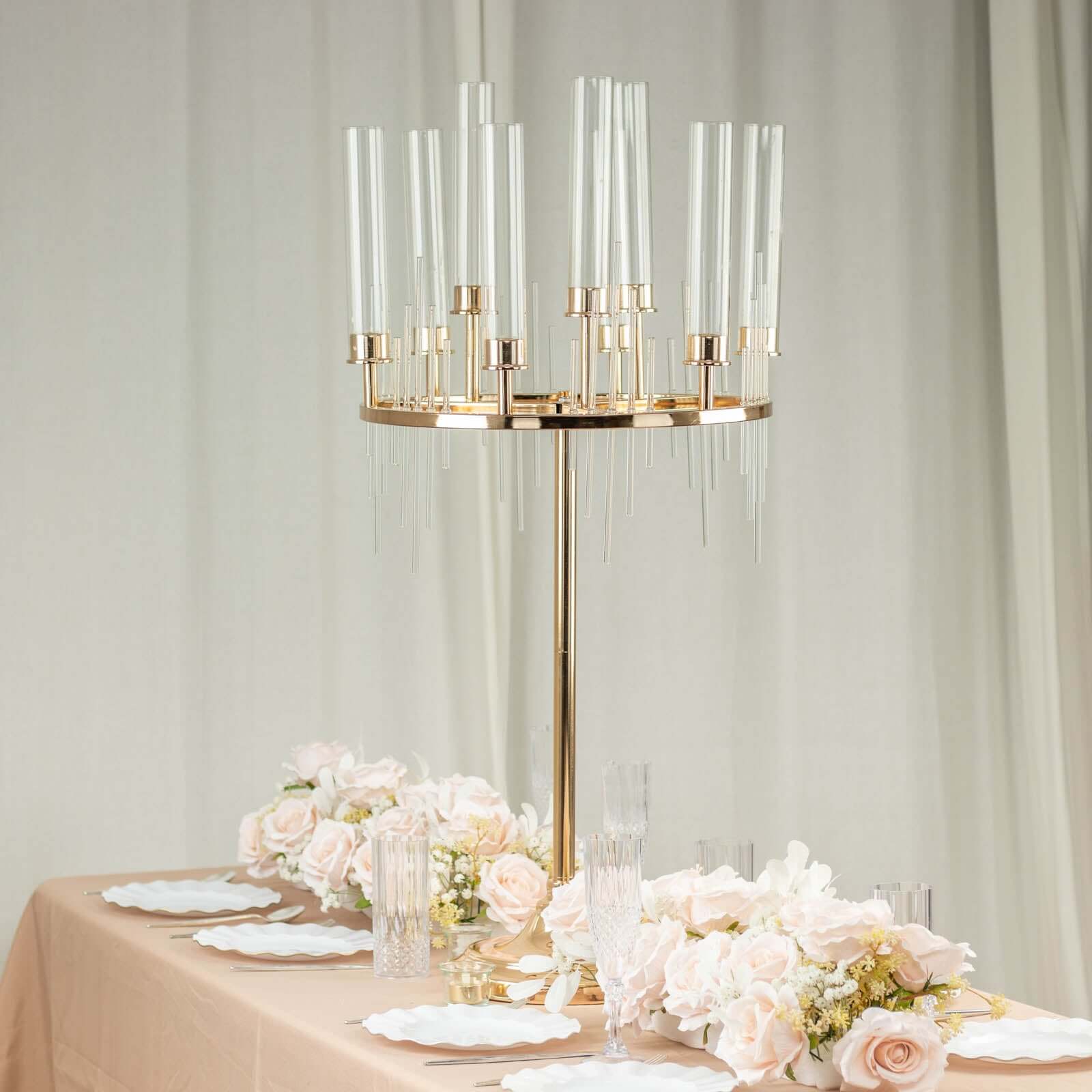 Metal 9-Arm Round Cluster Taper Candelabra Table Centerpiece Gold - Candlestick Holder Table Centerpiece With Drip Accents and Clear Glass Shades 40