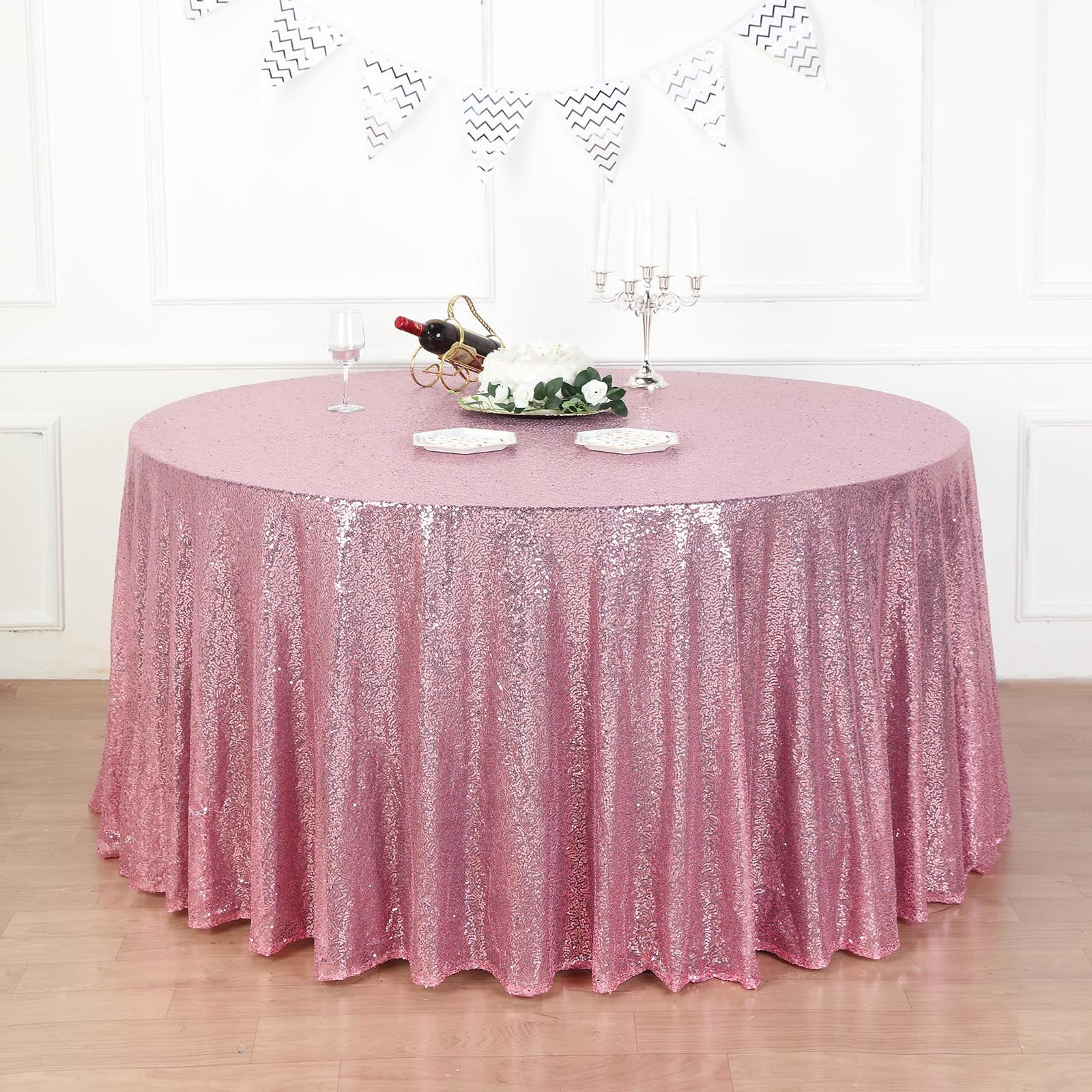 132 Pink Seamless Sequin Round Tablecloth, Sparkly Tablecloth