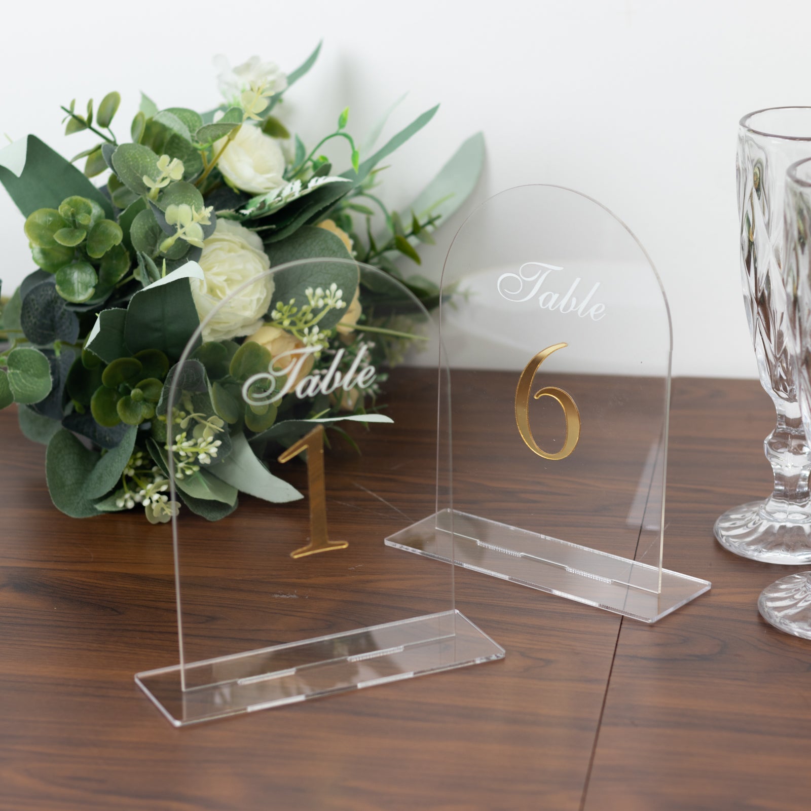 Clear Arch Acrylic Table Numbers (1-10) - 6x7 Wedding Reception Signs with Gold Print & Stands