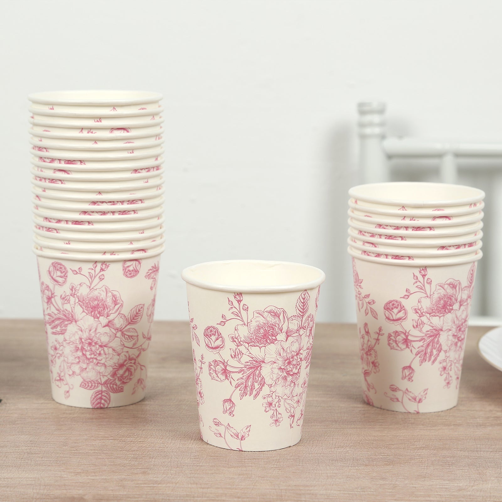 24-Pack Paper Cups in White with Pink French Toile Print - Stylish Disposable Floral Party Cups for Weddings & All Purpose Use 9oz