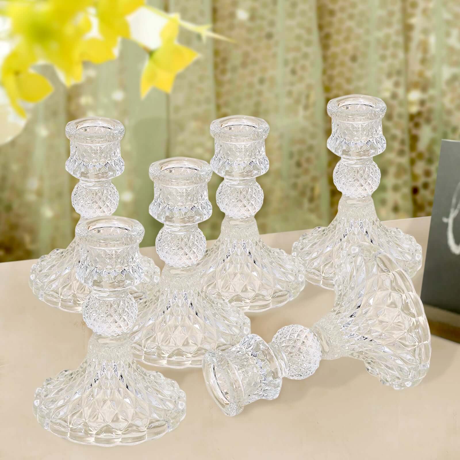 6-Pack Glass Taper Candlestick Holders Diamond Pattern Design Clear - Reversible Crystal Pillar Votive Stands 4