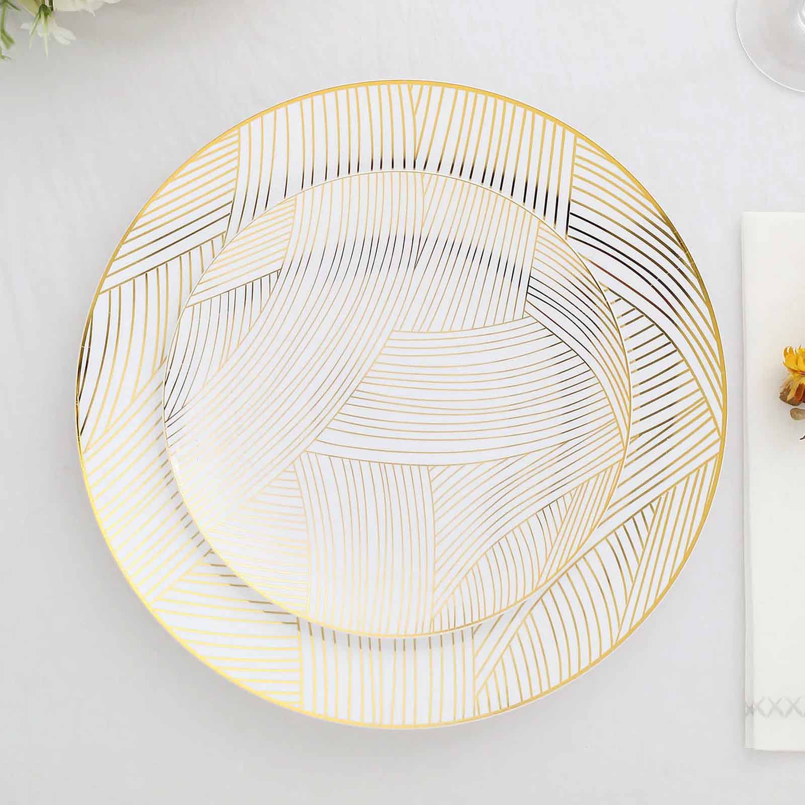 10-Pack Plastic 7 Round Dessert Plates in White with Gold Wave Brush Strokes Pattern - Disposable Appetizer Salad Plates for Modern & Classy Table Decor