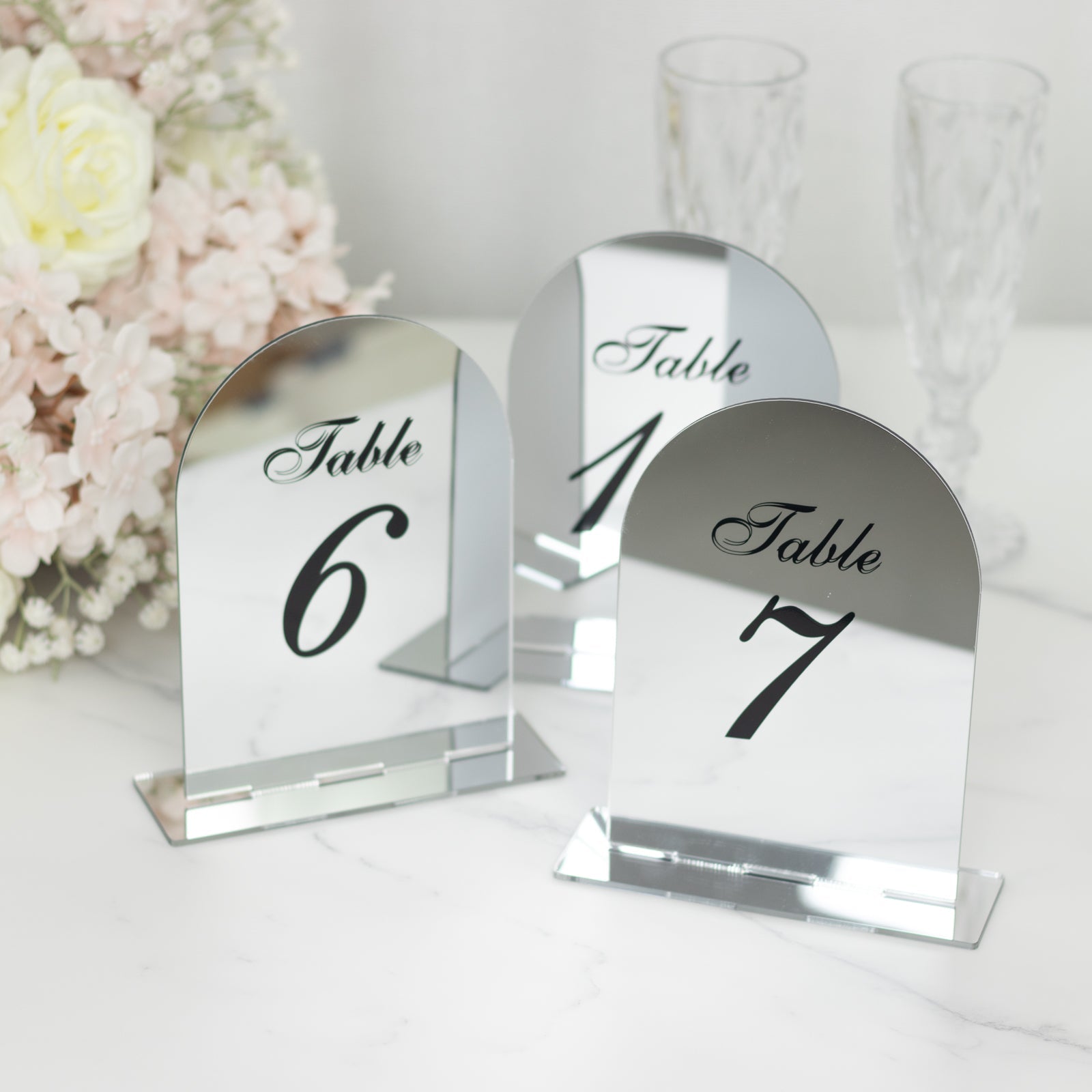 Silver Mirror Arch Acrylic Table Numbers (1-10) - 6x7 Wedding Reception Signs with Black Print & Stands