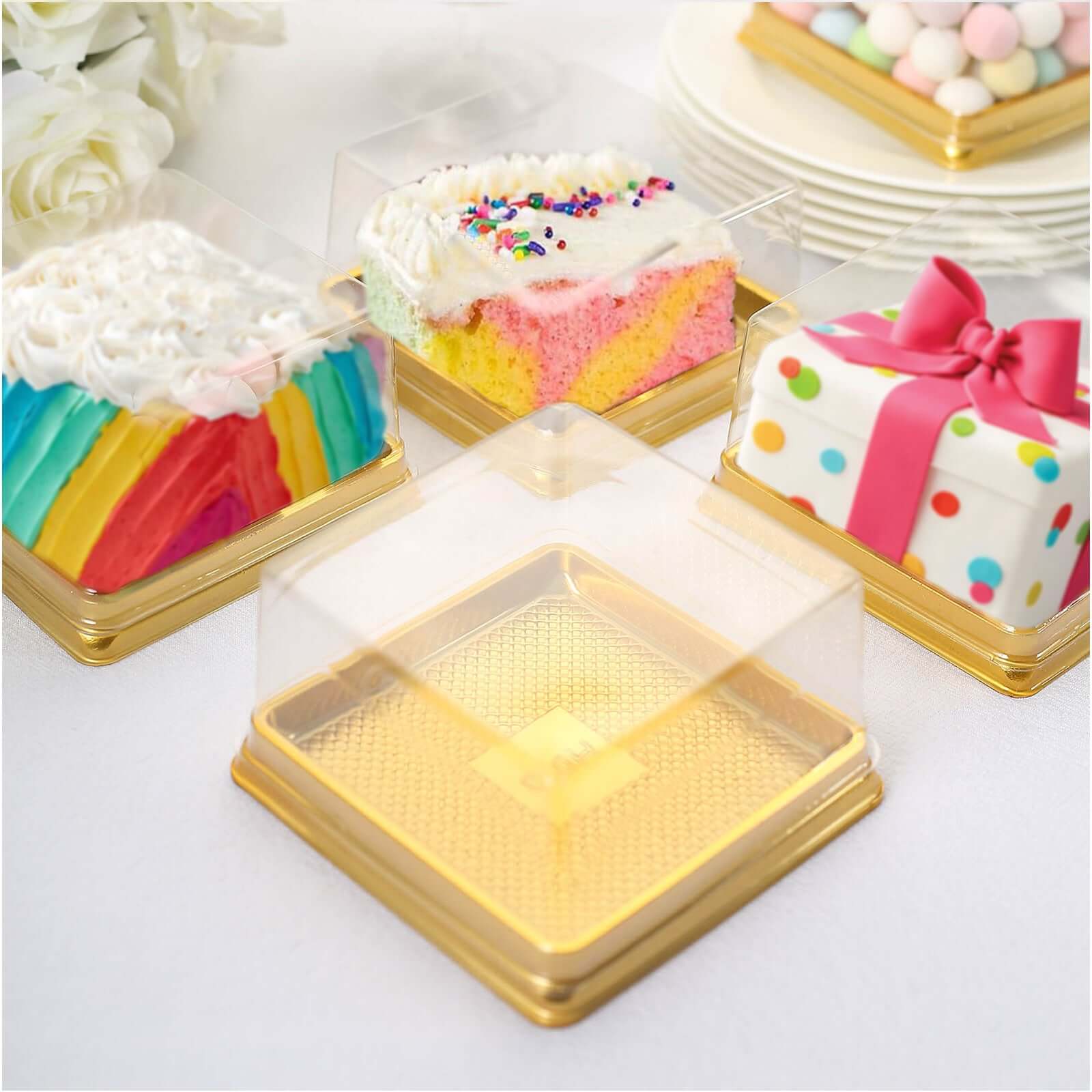 50 Pack Clear Gold Square Mini Plastic Cupcake Party Favor Boxes, Muffin Dessert Containers - 4x4x2.5