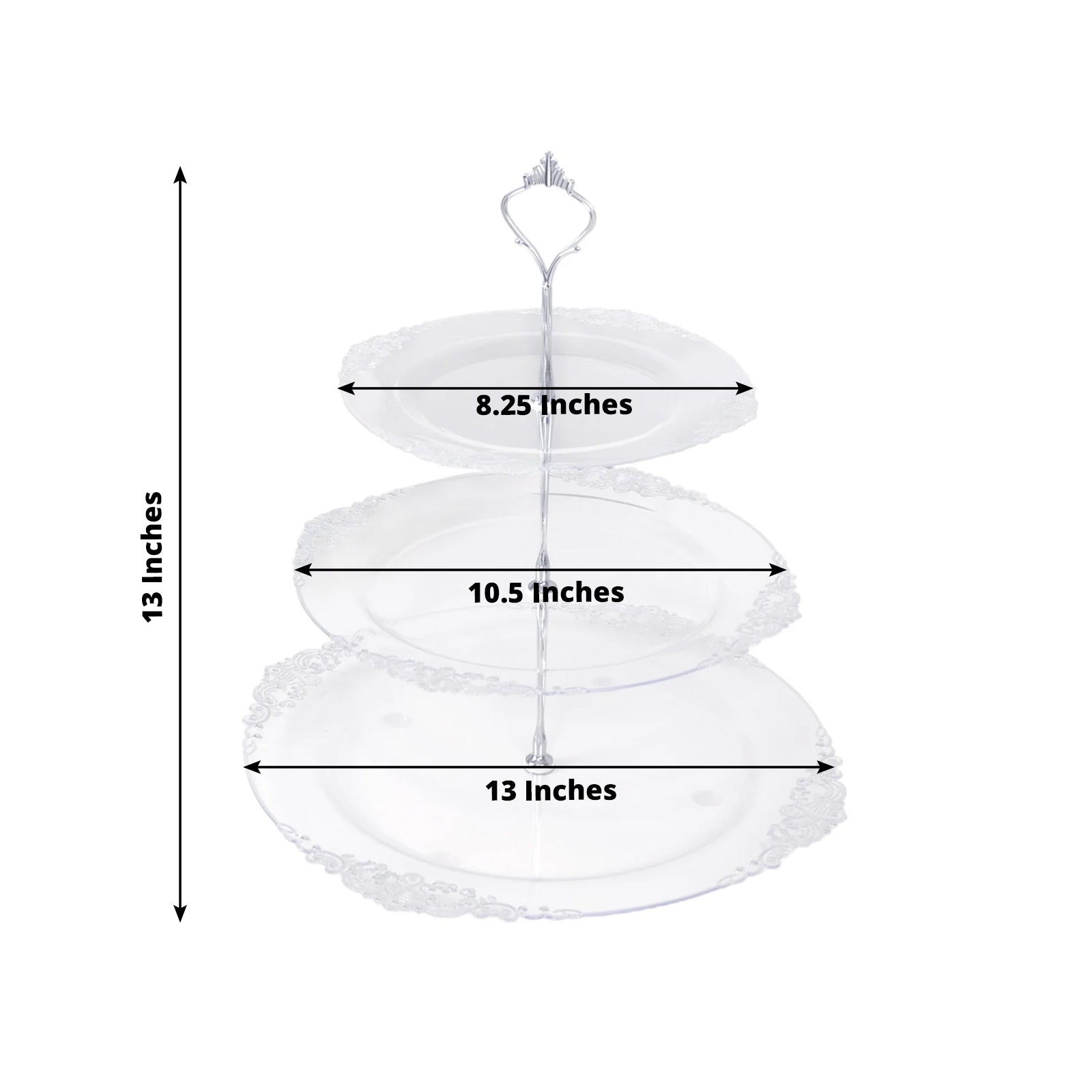 3-Tier Clear Plastic Cupcake Tower Stand with Silver Embossed Baroque Rim, 13 Round Cake Dessert Holder Display Stand Tiered Serving Tray with Top Handle