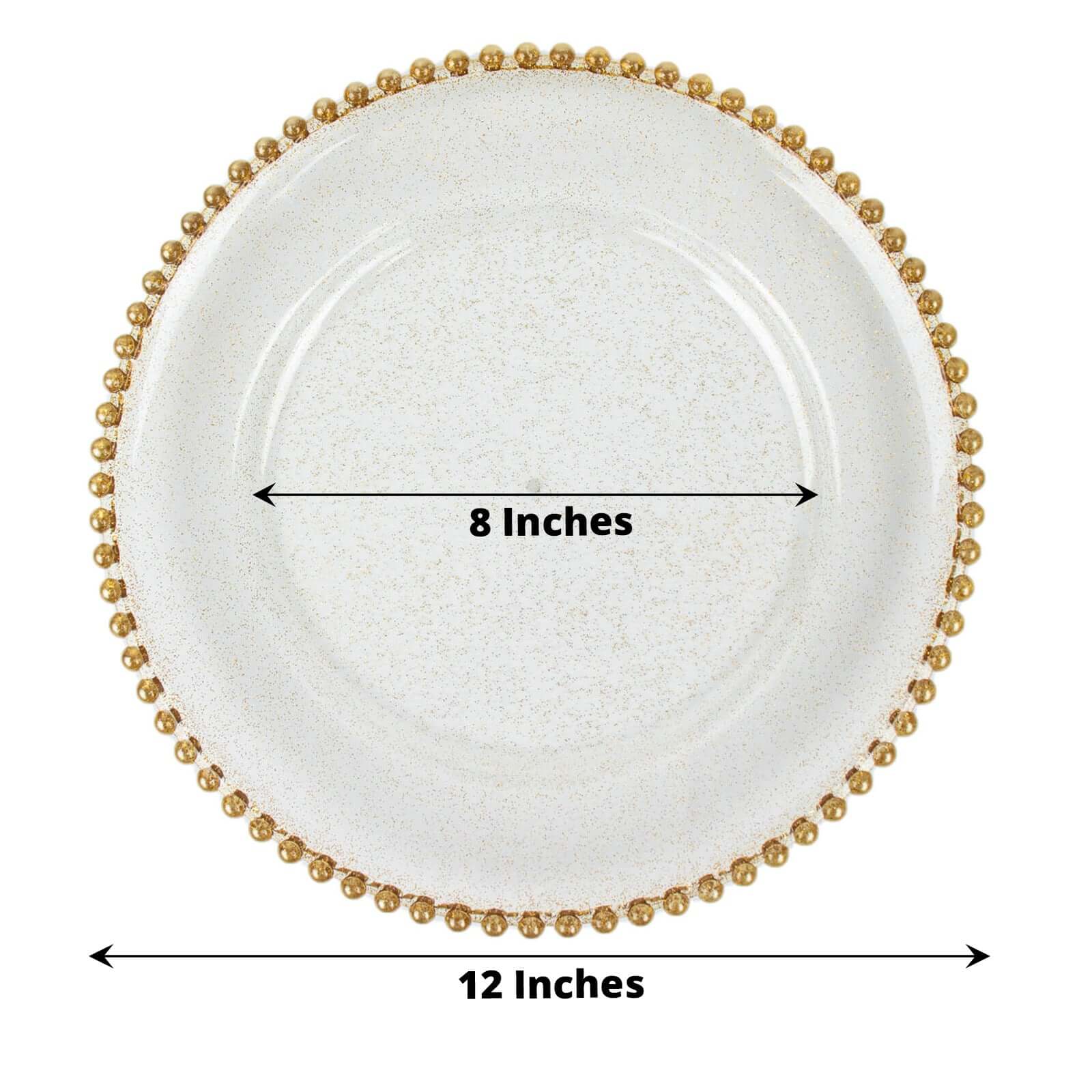 6-Pack Acrylic Round Charger Plates 13 in Clear Gold Glittered with Beaded Rim, Decorative Dinner Party Serving Plates