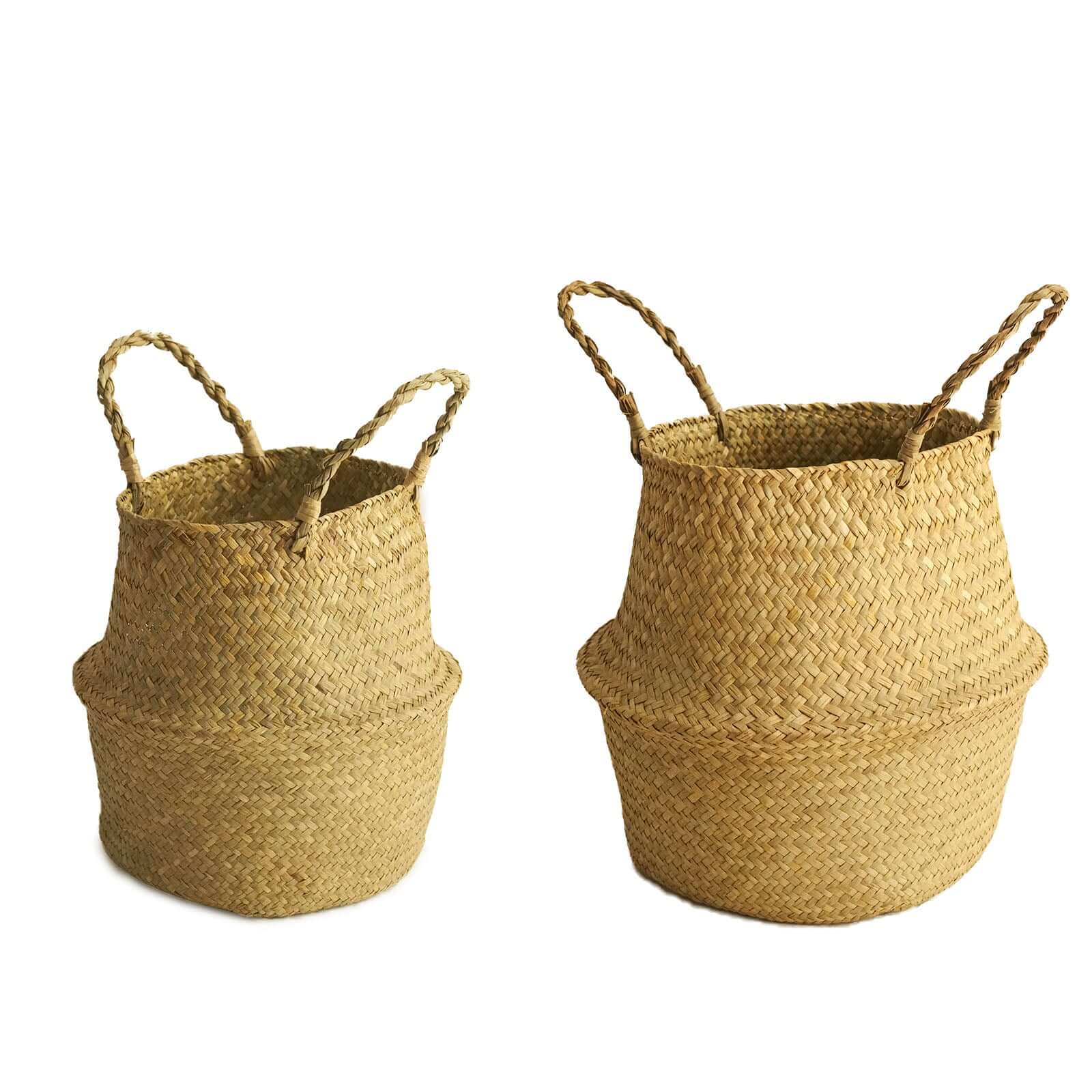 Set of 2 Woven Seagrass Plant Belly Baskets - Natural Handcrafted Braided Storage Wicker Bin Planter with Handles for Living Room Closet & Kitchen Organization