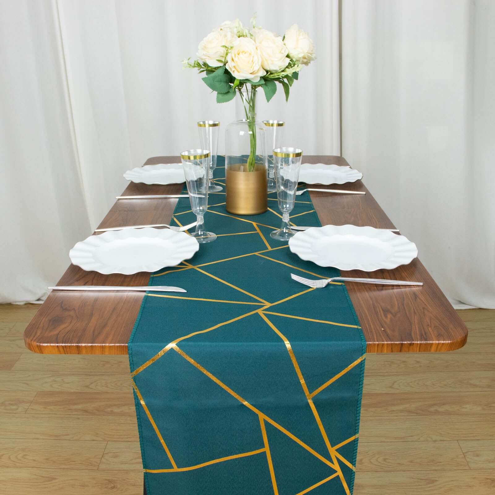 Polyester 9ft Table Runner Peacock Teal with Gold Foil Modern Geometric Accent